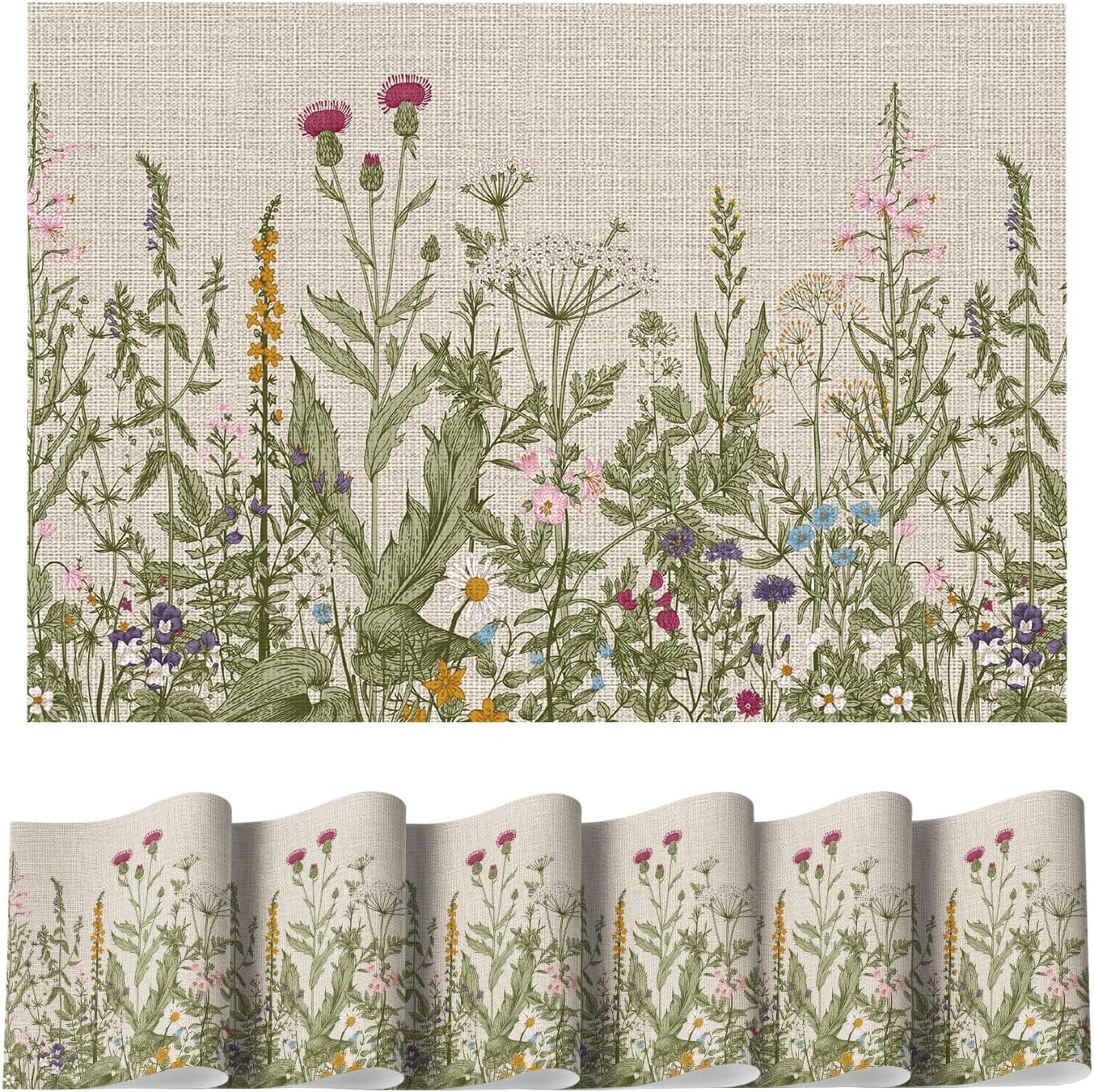 Artoid Mode Wild Flower Vinyl Placemats Set of 6, Wipeable Colorful Printing PVC Table Mats for Spring Party Kitchen Dining Decor, 12×18 Inch