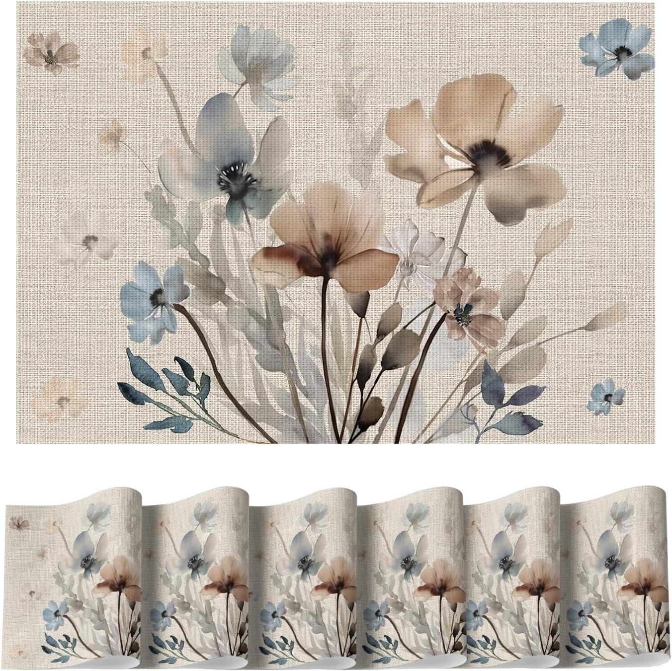 Artoid Mode Brown Poppy Floral Vinyl Spring Placemats Set of 6, Wipeable Plastic Woven PVC Table Mats for Party Kitchen Dining Decor, 12×18 Inch