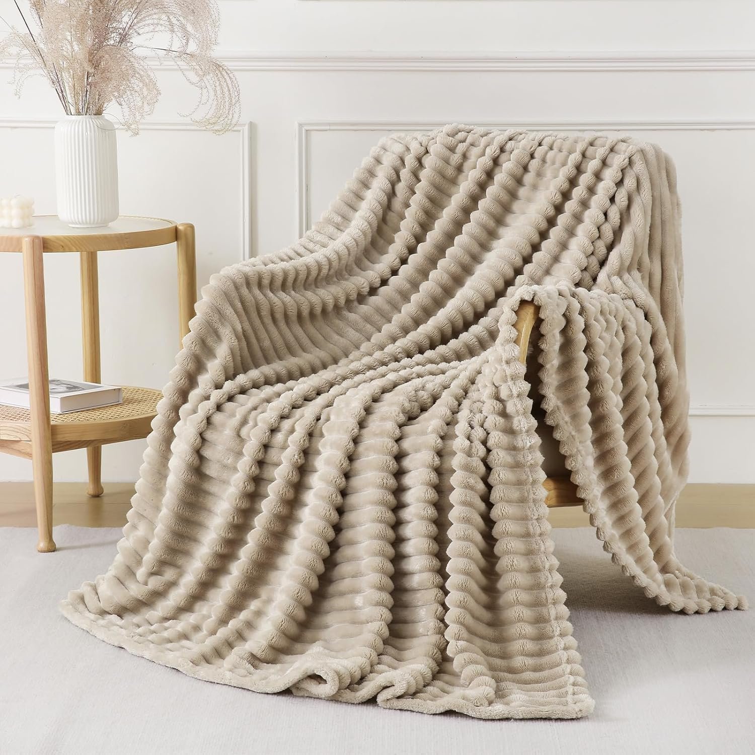 Khaki Throw Blanket for Couch Sofa 50×60 inches Striped Fleece Blankets Room Home Decor Lightweight Plush Soft Cozy Gifts for Women Mom Girls