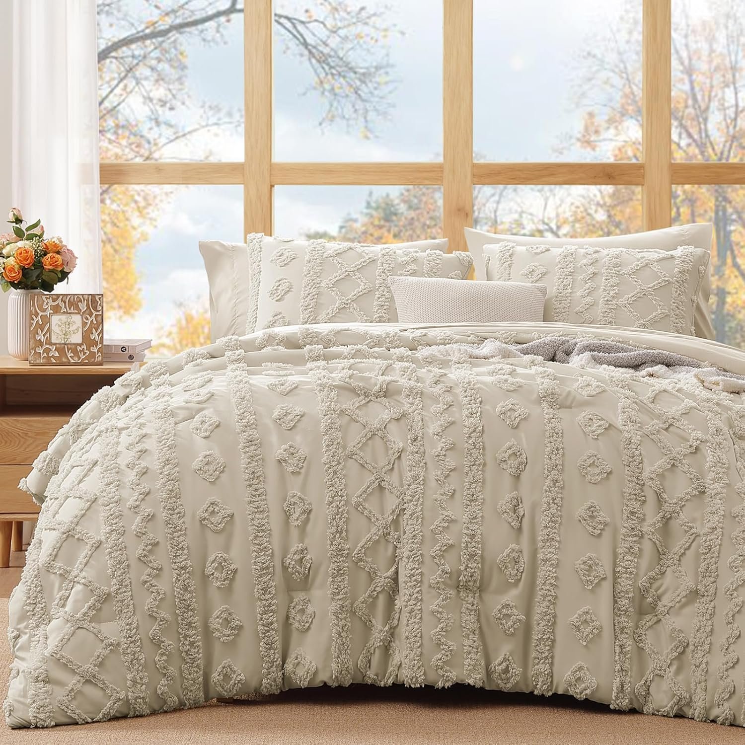 WRENSONGE Queen Size Comforter Set with Sheets – 7 Pieces Beige Tufted Bed in a Bag Queen Shabby Chic Bedding Sets with 1 Comforter, 2 Sheets, 2 Pillowcases & 2 Shams