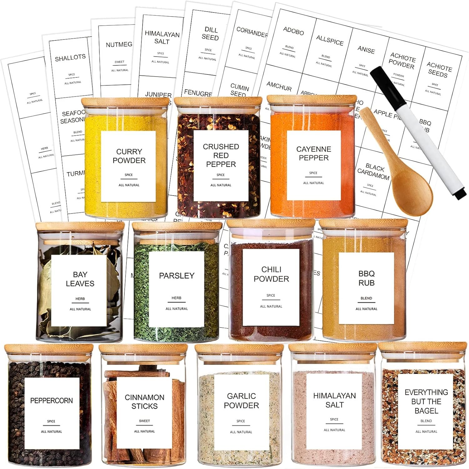 GPOVVIMX 12 Pcs Glass Spice Jars with Bamboo Airtight Lids and 191 Labels – 8.5oz Small Food Storage Containers for Kitchen, Seasoning, Coffee, Herb – Spoon and Marker Included