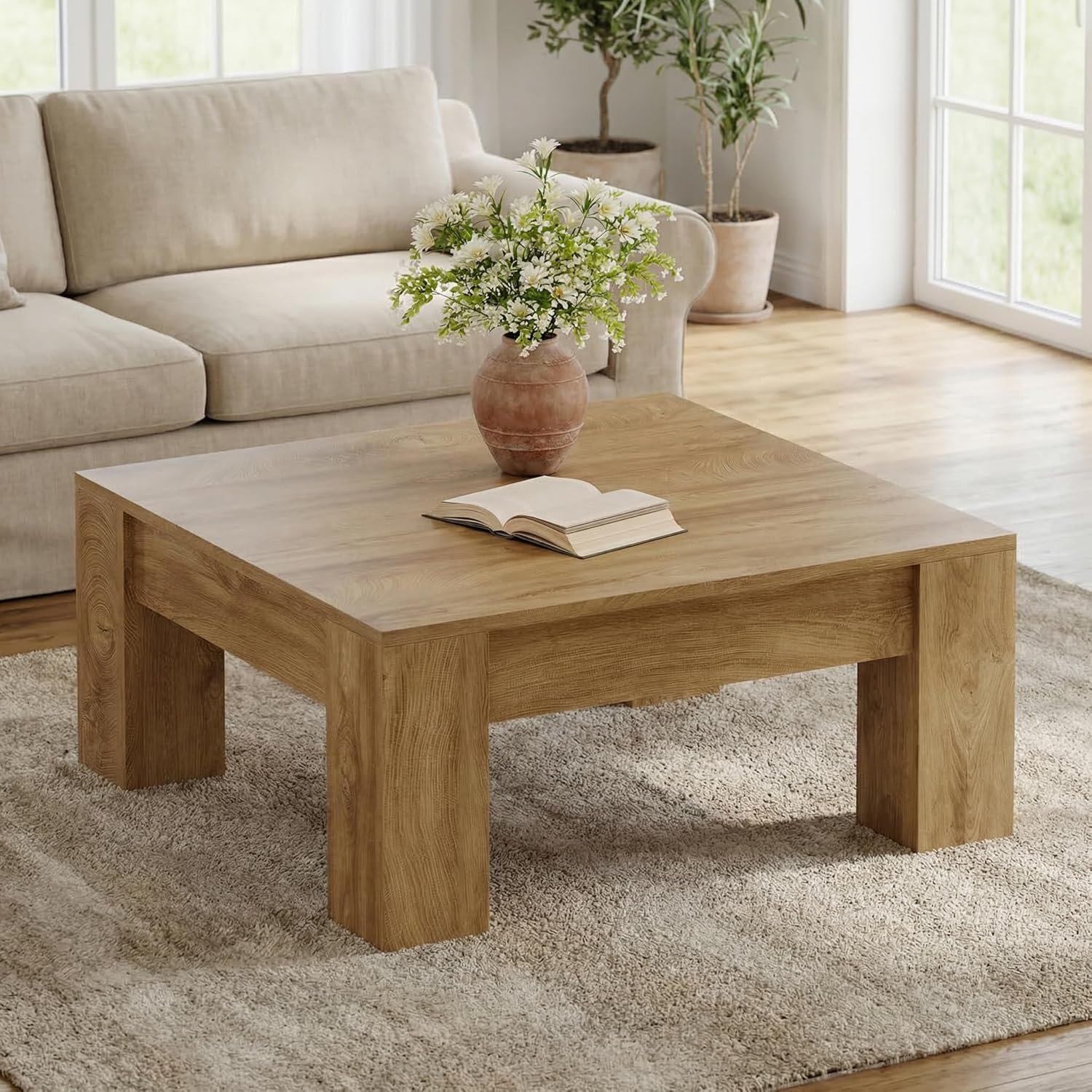 Tribesigns 39.4″ Square Coffee Table for Living Room, Modern Farmhouse Wood Coffee Table with Thick Sturdy Legs, Large Square Center Table with Spacious Tabletop