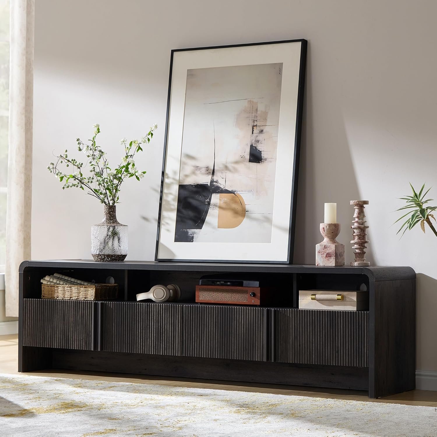 AMERLIFE Modern TV Stand for TVs up to 80″, 70 inch Fluted TV Console with Storage Cabinets, Wood Entertainment Center Media Console for Living Room, Black