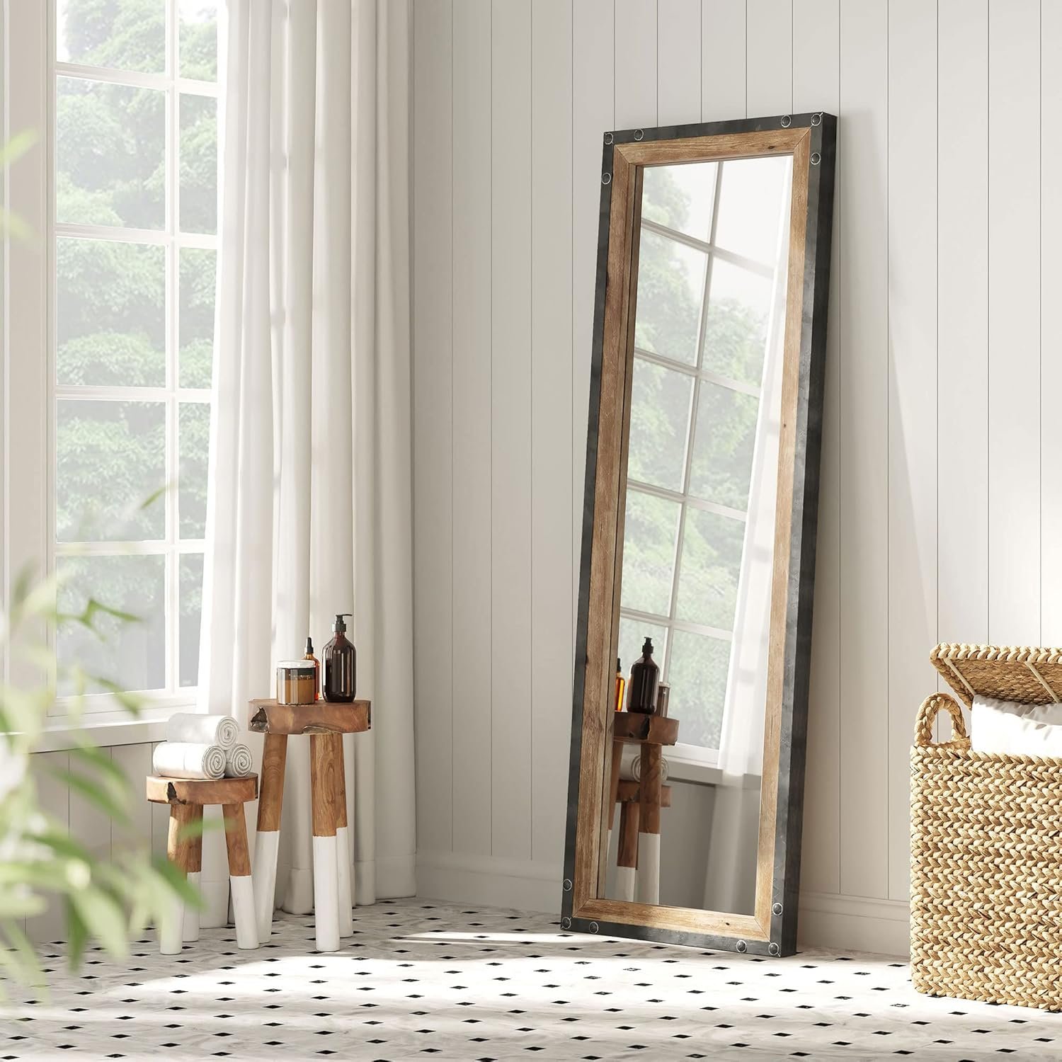 Barnyard Designs 16×48 Leaner Floor Mirror Full Length, Large Rustic Free Standing Leaning Hanging Wood and Metal Long Full Size Farmhouse Wall Mirror for Bedroom Living Room, Brown