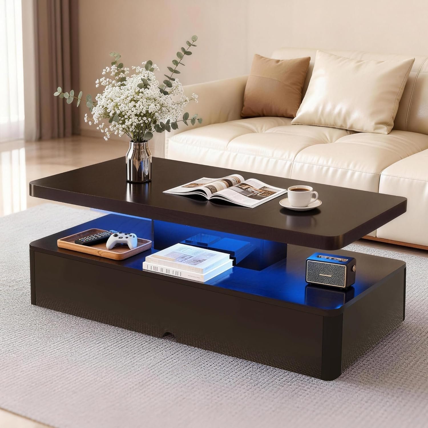 40″ Modern Coffee Table with 16 Colors LED Lights, 2 Tier Rectangular Center Table with Large Storage Space, Stylish High Glossy Wooden Tea Tables for Living Room, Bedroom, Home Office, Black