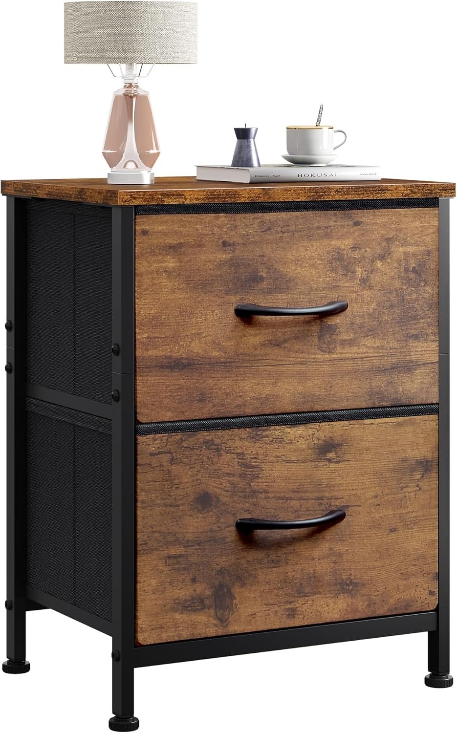 WLIVE Night Stand, Small Dresser with 2 Drawers & Wooden Top, Nightstand with Fabric Bins, Bedside Table End Table for Bedroom, Closet, Entryway, College Dorm, Rustic Brown