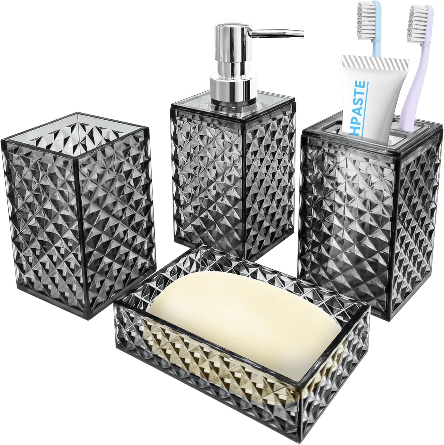 Bathroom Accessory Set, 4 PCS Grey Bathroom Accessories Set, Soap Dispenser and Toothbrush Holder Set, Soap Dish and Mouthwash Cup, Boho Bathroom Decor, Plastic Bathroom Sets Accessories