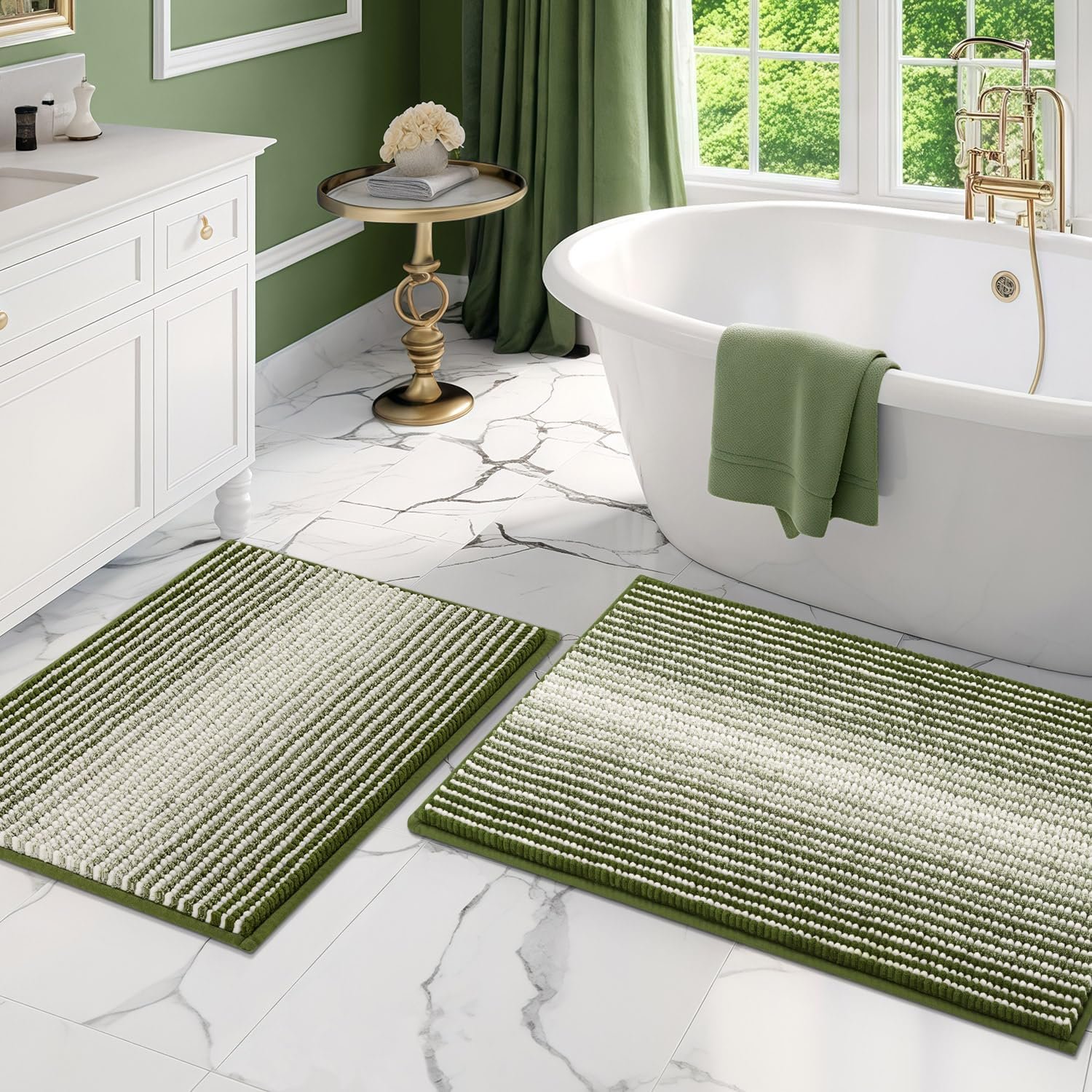 BSICPRO Bathroom Rugs and Mats Sets, 2 Piece Thick Absorbent Chenille Bath Mat Rug Set Non Slip, Soft Shaggy Bath Room Floor Mats for Bathroom, Machine Washable (Sage, 20″ x 32″ Plus 16″ x 24″)