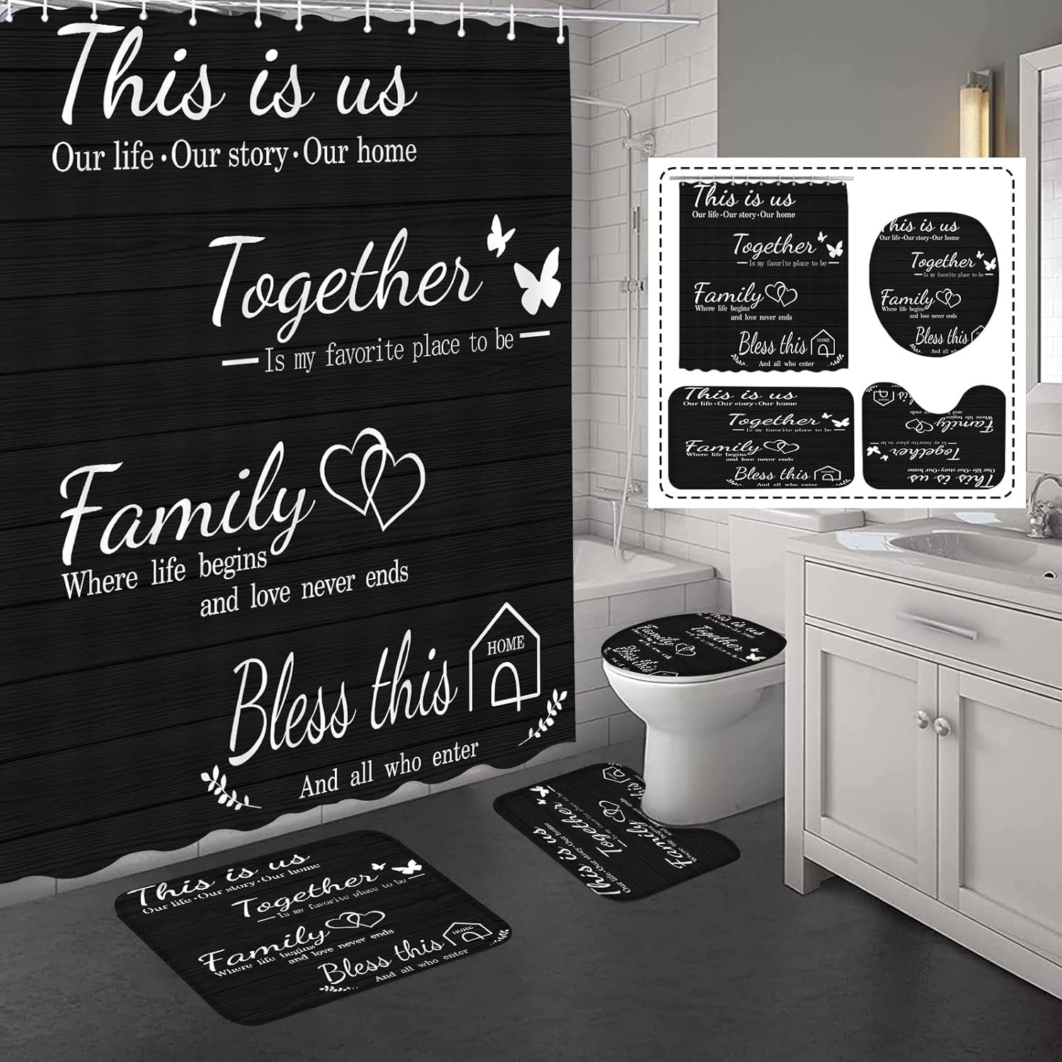 4Pcs Family Shower Curtain Sets with Non-Slip Rugs, Toilet Lid Cover and Bath Mat, Black Home Bathroom Decor Set Accessories Waterproof Shower Curtains with 12 Hooks, 72 x 72 Inch