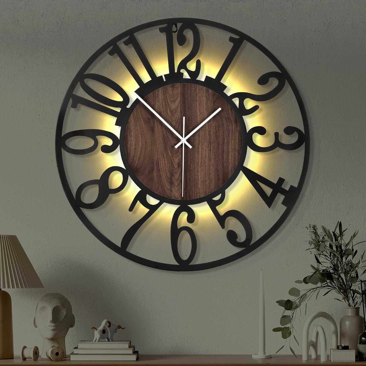 24” Silent Wall Clock with Night Light, Glow in The Dark Decorative Wall Clock Battery Operated, Rustic Modern Metal & Wood Clocks for Bedroom Living Room Decor, Arabic Numerals