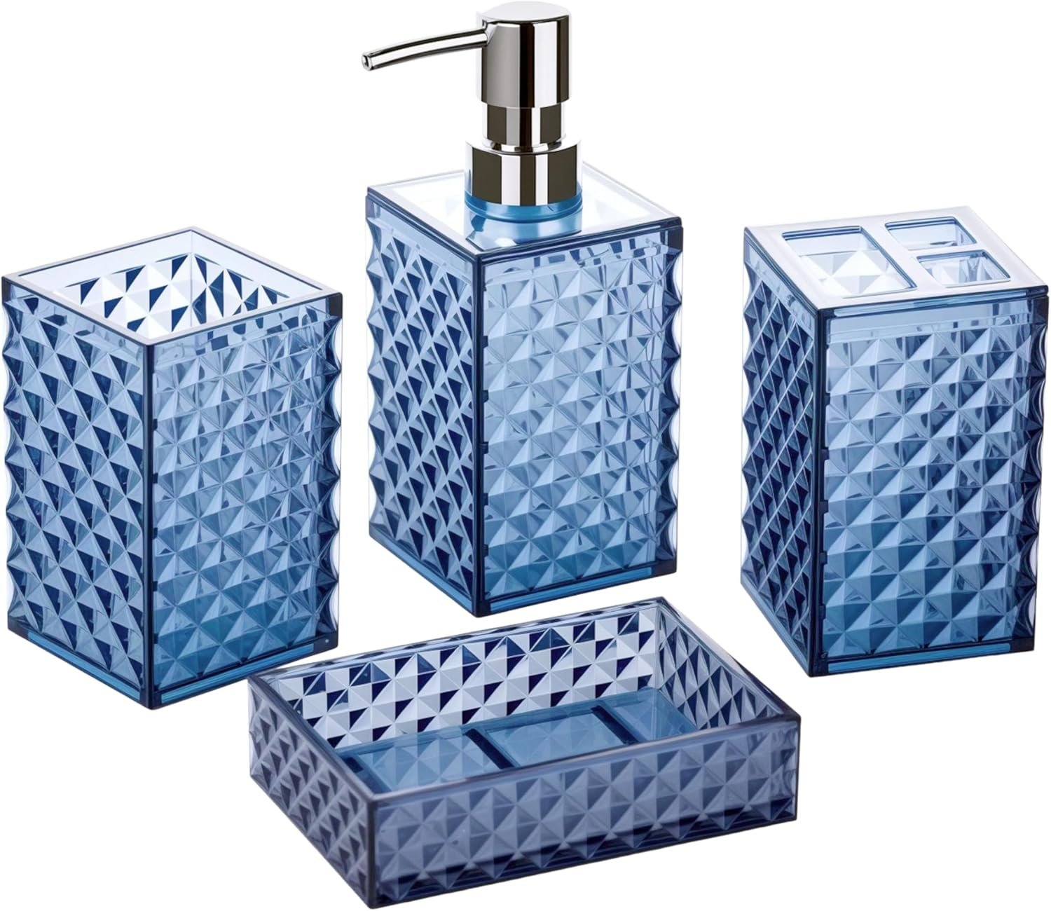 Blue Bathroom Accessories Set, 4 PCS Dark Navy Blue Bathroom Accessories Sets Complete, Diamond Pattern Bathroom Soap Dispenser and Toothbrush Holder Set, Boho Bathroom Décor and Accessories