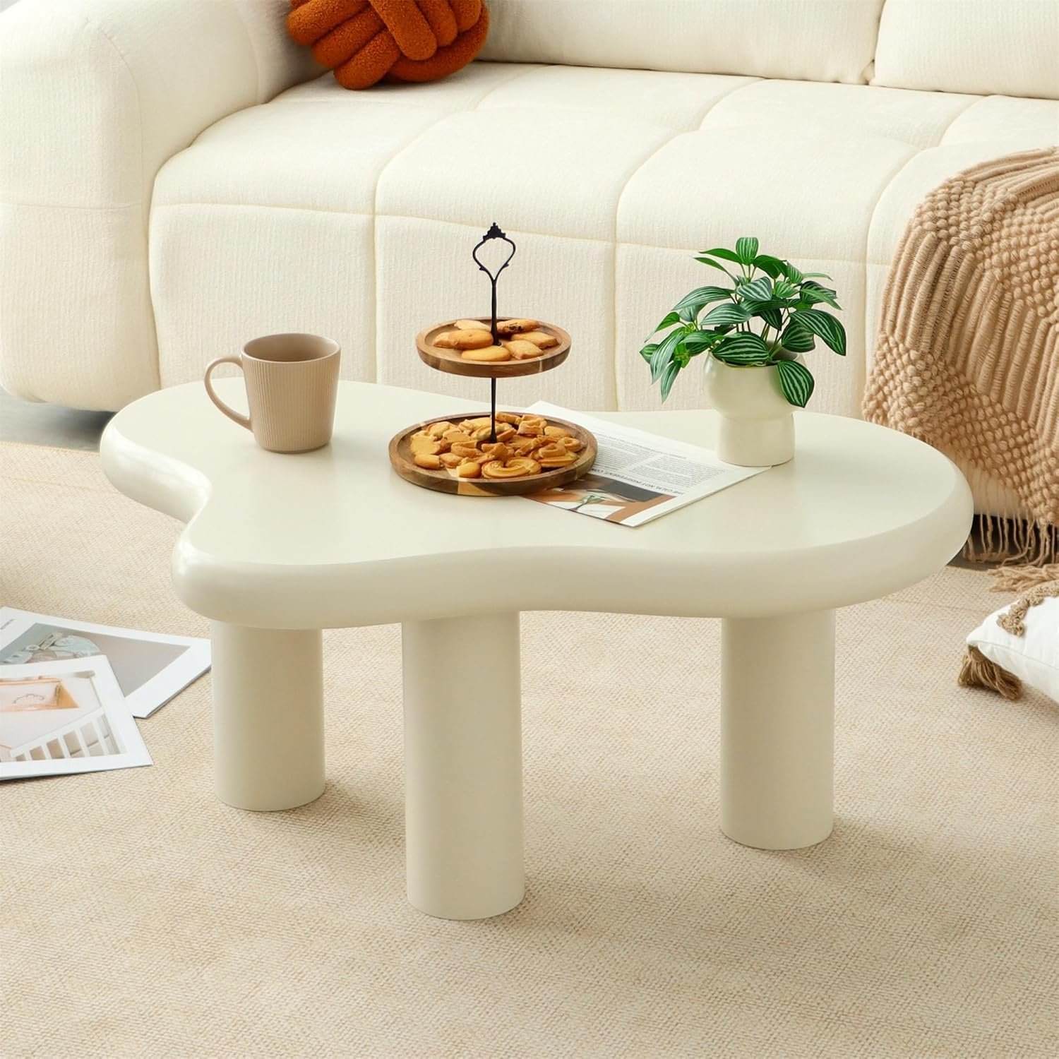 34″(L) Cloud Coffee Table, Modern Wood Coffee Table for Living Room, Accent Center Tables with 3 Legs, Small Tea Tables for Balcony, Patio, Bedroom, Cream White