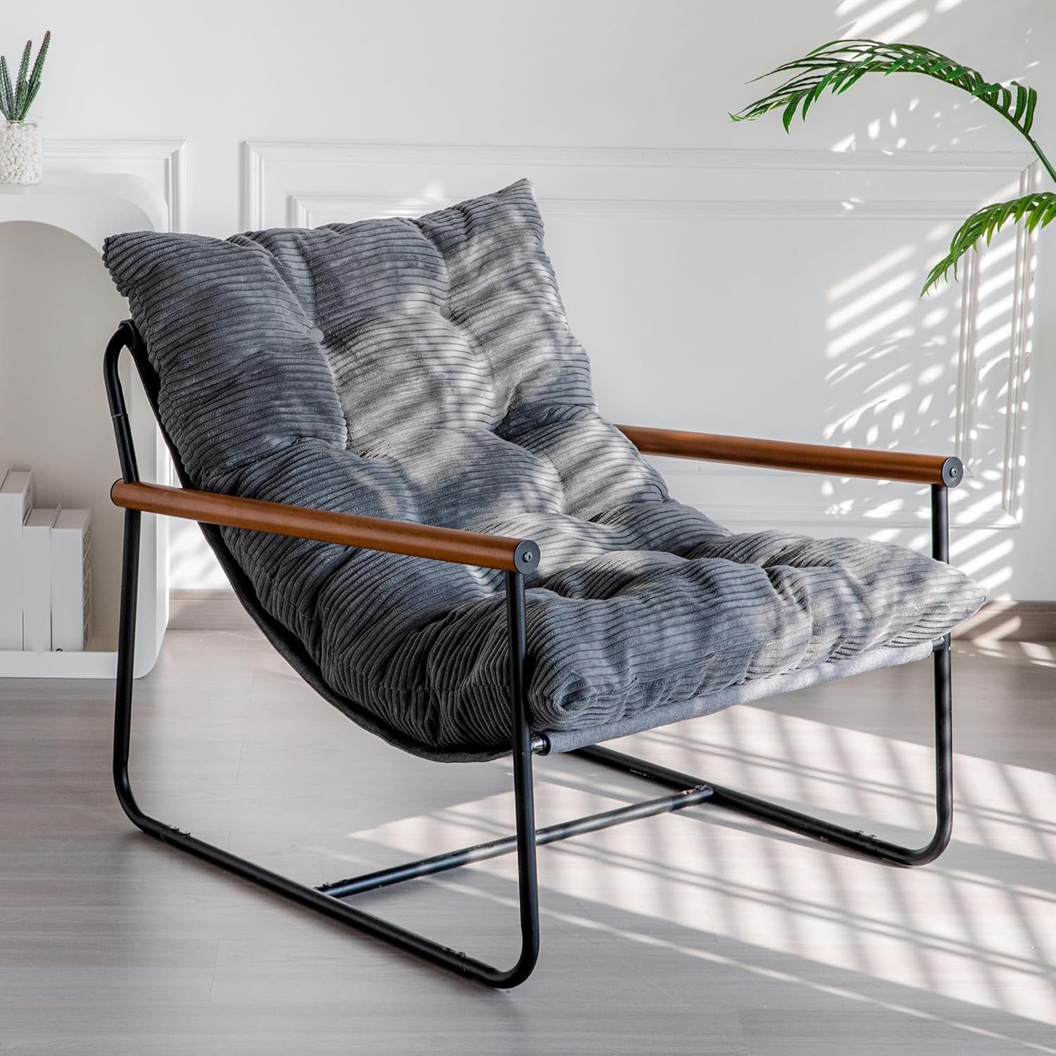 MAXYOYO Modern Accent Chair, Comfy Living Room Chair with Metal Frame Wooden Armrest, Upholstered Armchair with Soft Cushion for Bedroom Balcony Lounge Reading Room, Dark Grey