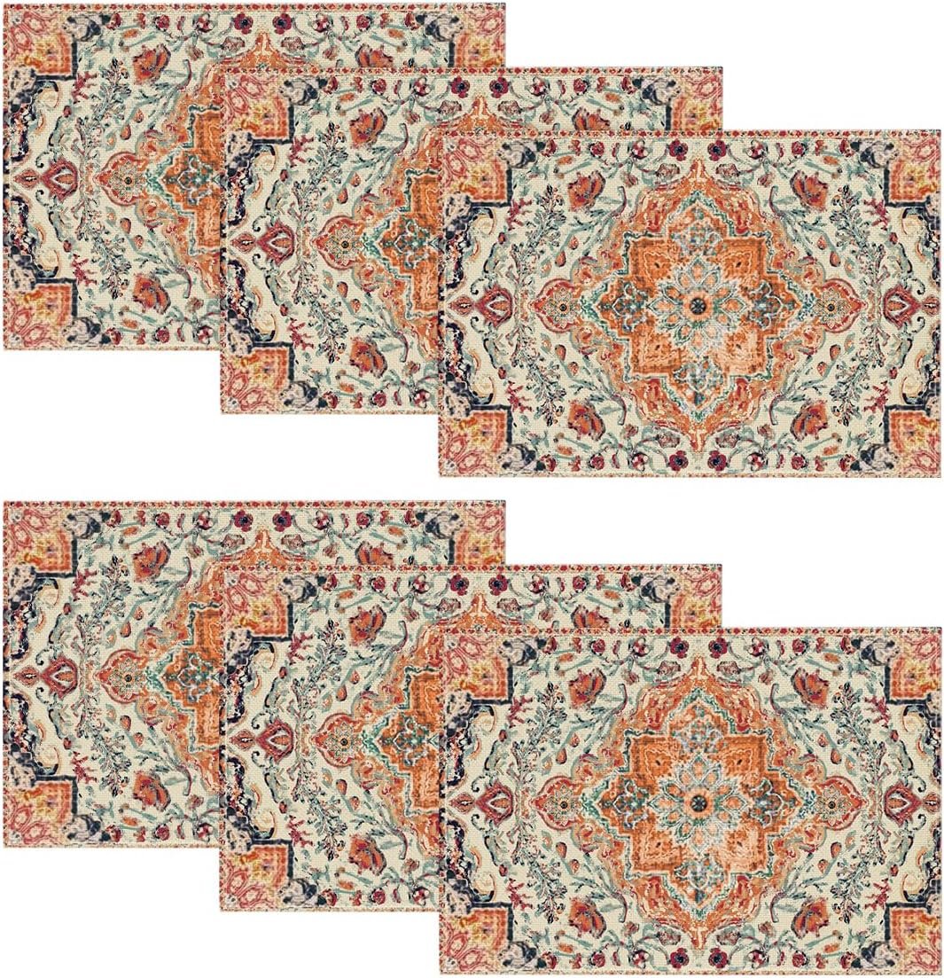 Artoid Mode Boho Placemats Set of 6,12×18 Inch Seasonal Daily Orange Teal Flowers Bohemia Table Mats for Party Kitchen Dining Decoration