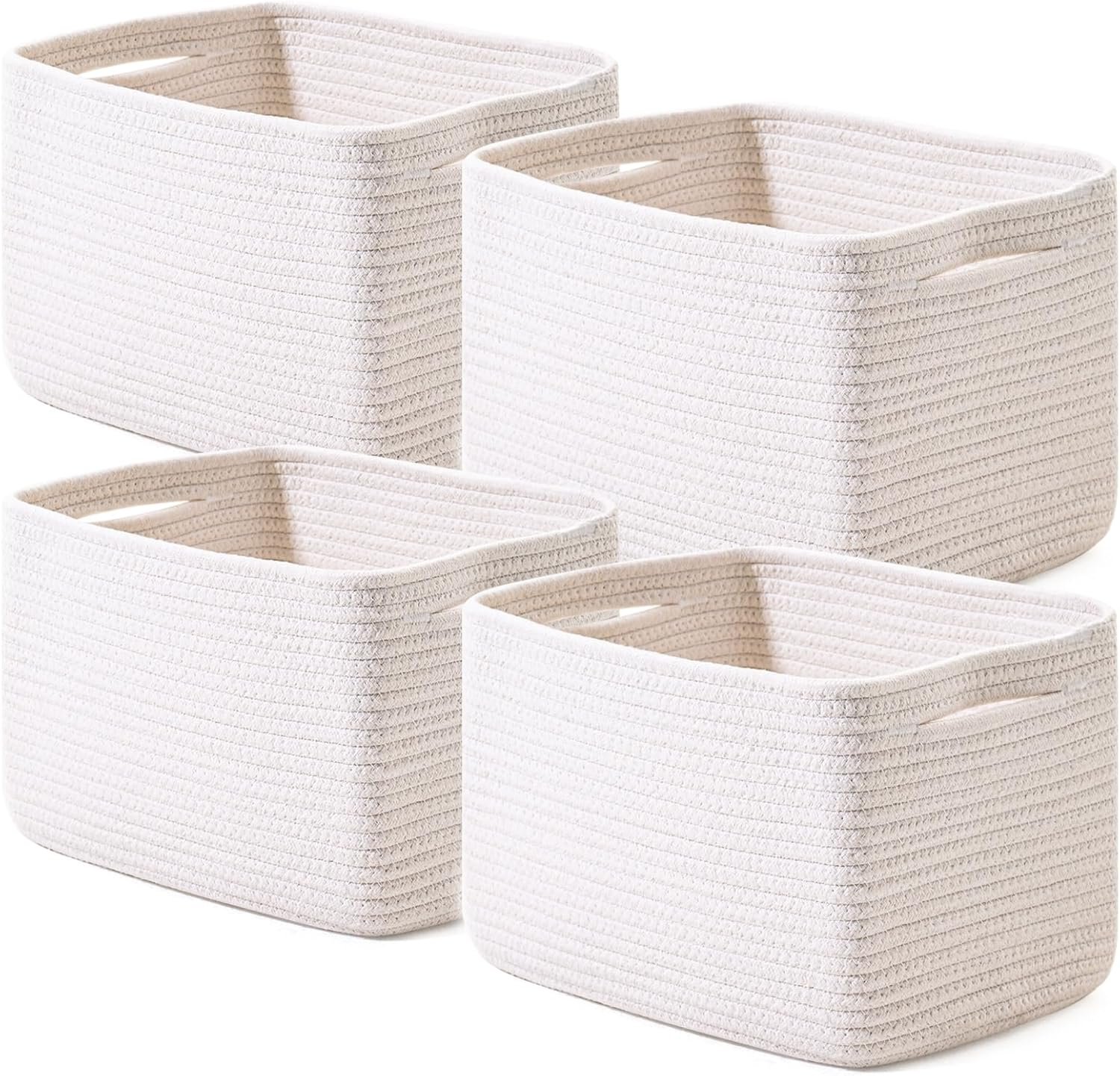 ICERZCZ Storage Baskets for Organizing, Woven Basket for Storage, Storage Baskets Bin for Shelves, Cotton Rope Basket with Handles, 12.5″Lx9.1″Wx7.9″H, (4 Packs) Off White