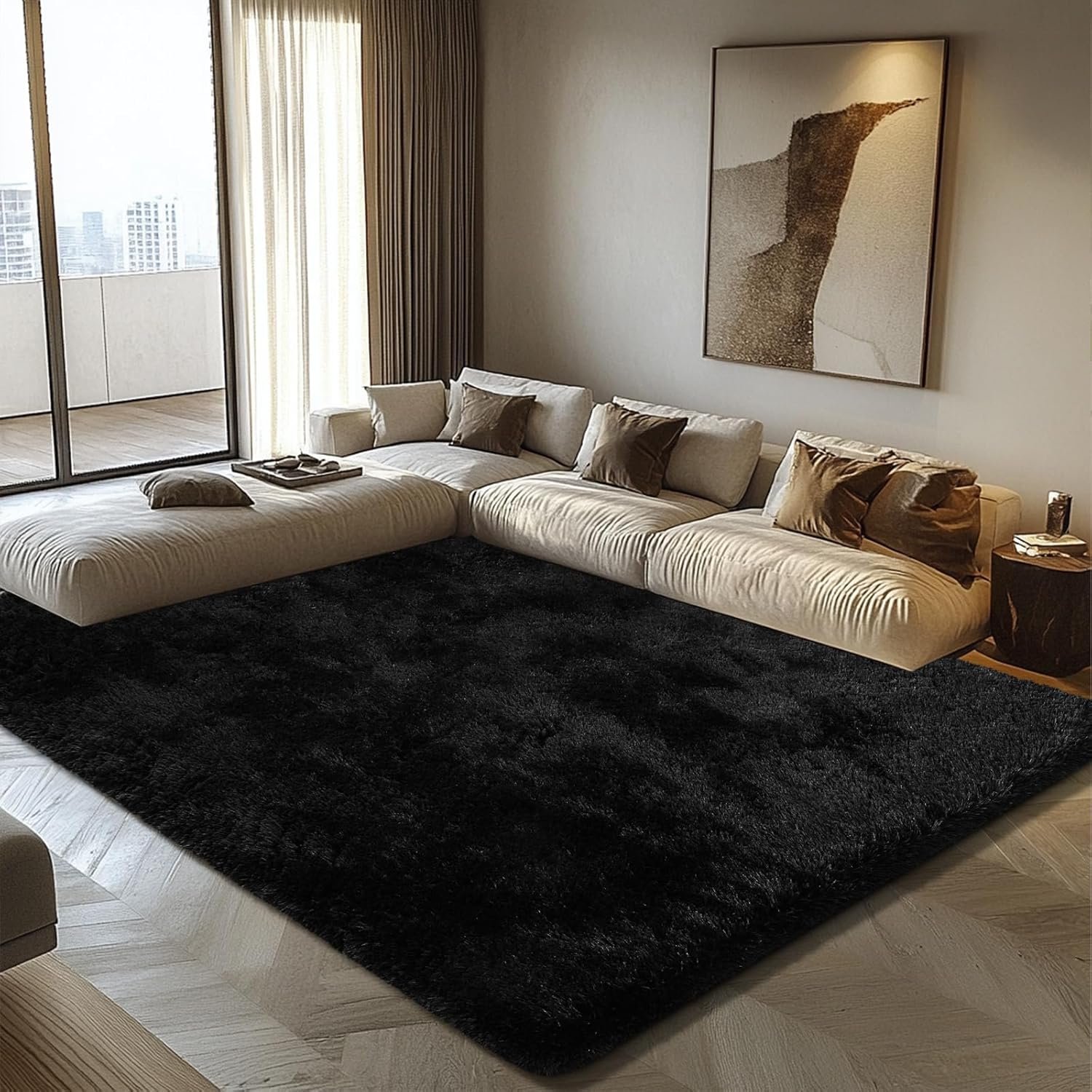 8×10 Fluffy Area Rugs for Living Room,Shag Area Rug for Bedroom,Black Soft Fuzzy Rug Non-Shedding Indoor Plush Carpet for Kids Bedroom Nursery Home Decor