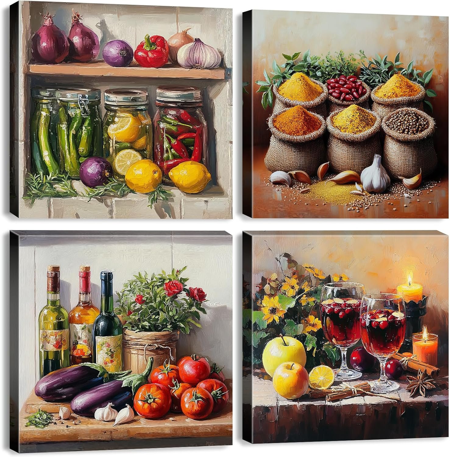 Colorful Kitchen Wall Art Farmhouse Spices Food Herbs Pictures Mason Jar Wall Decor for Dining Room Rustic Vintage Fresh Vegetable Painting Canvas Prints Restaurant Artwork Home Decoration 12×12″ 4P