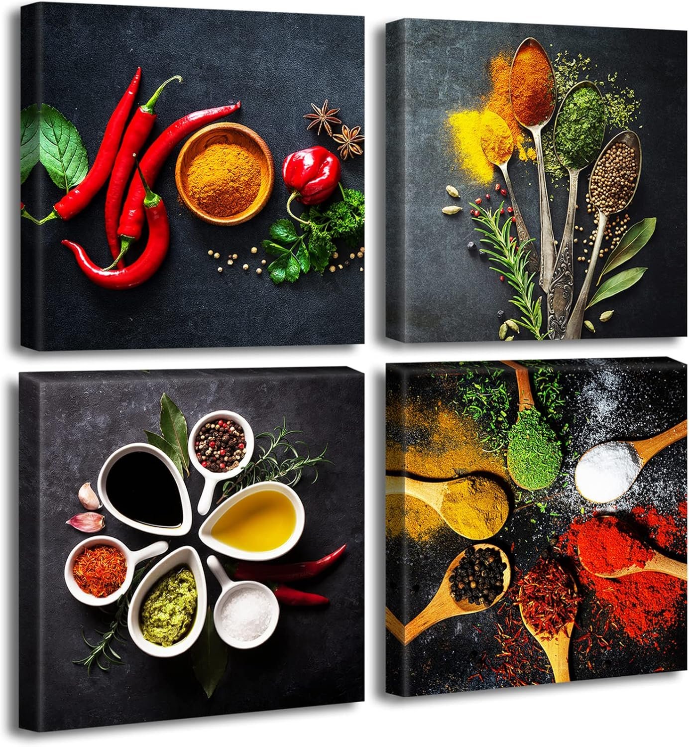 Kitchen Wall Decor Colorful Spices Seasoning Spoon Canvas Wall Art Vintage Painting Picture for Modern Home Dining Room Contemporary Artwork Decoration Stretched and Framed Ready to Hang 12″X12″X4
