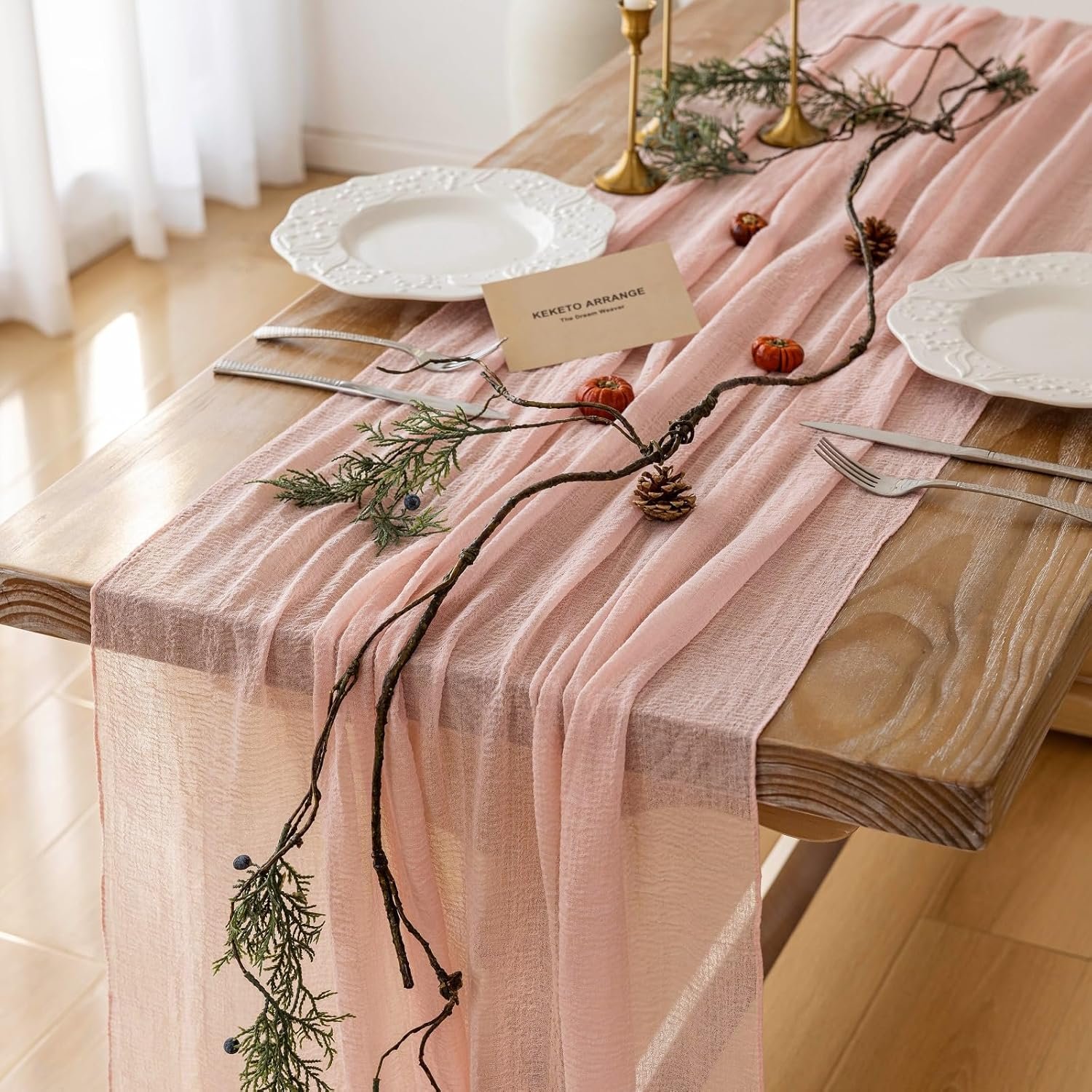 Keketoarrange Pink Cheesecloth Table Runner Spring Boho Rustic Gauze 120 inch 10FT Cheese Cloth Runner for Wedding Baby Shower Bridal Birthday Tea Party Centerpiece Summer Home Decorations