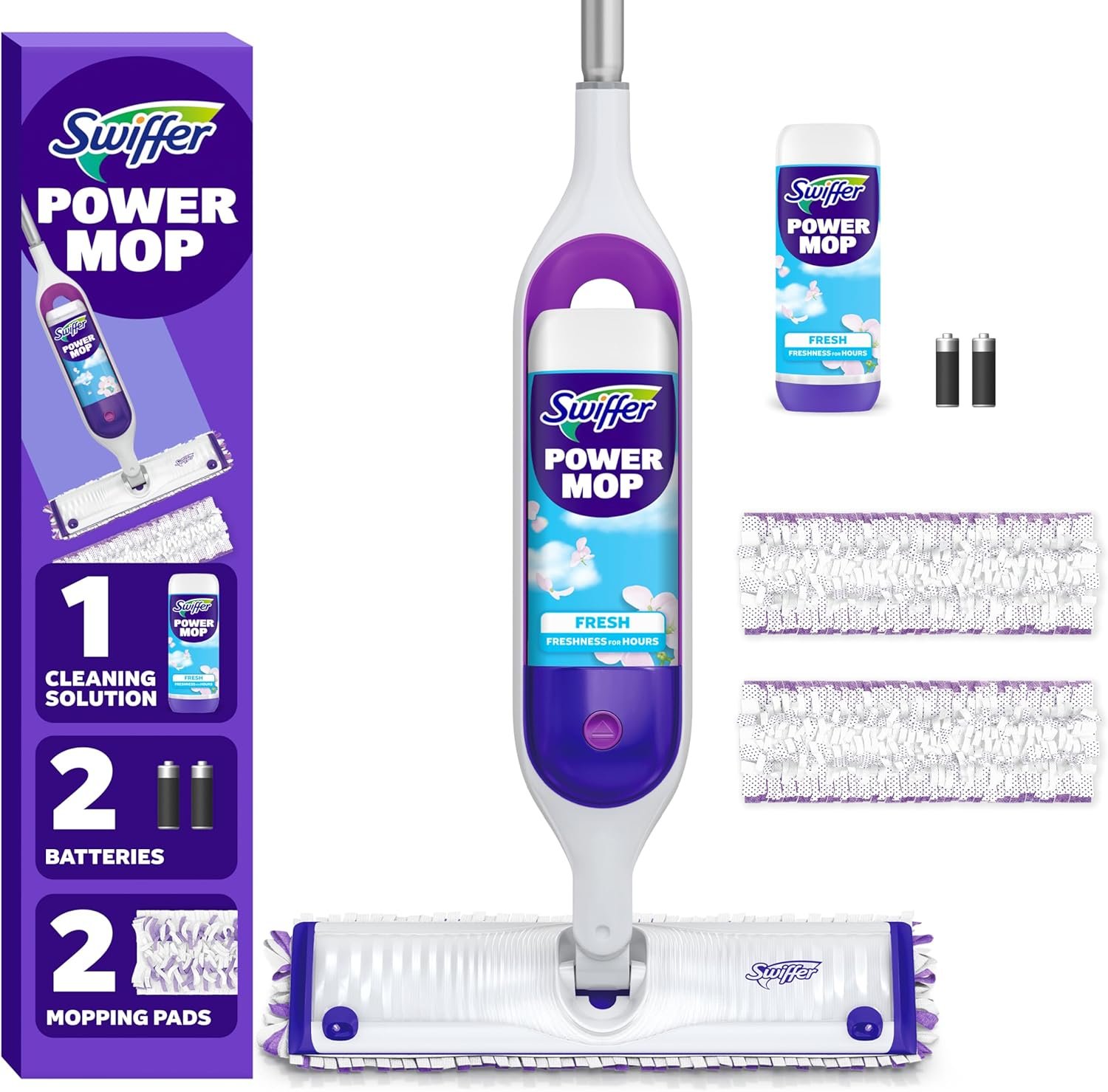 Swiffer PowerMop Mopping Kit for Floor Cleaning, Set Includes 1 Power Mop, 2 Replacement Pads, 1 Liquid Solution Refill, 2 Batteries, No Bucket Needed Electric Spray Cleaner, Multi-Surface and Wood