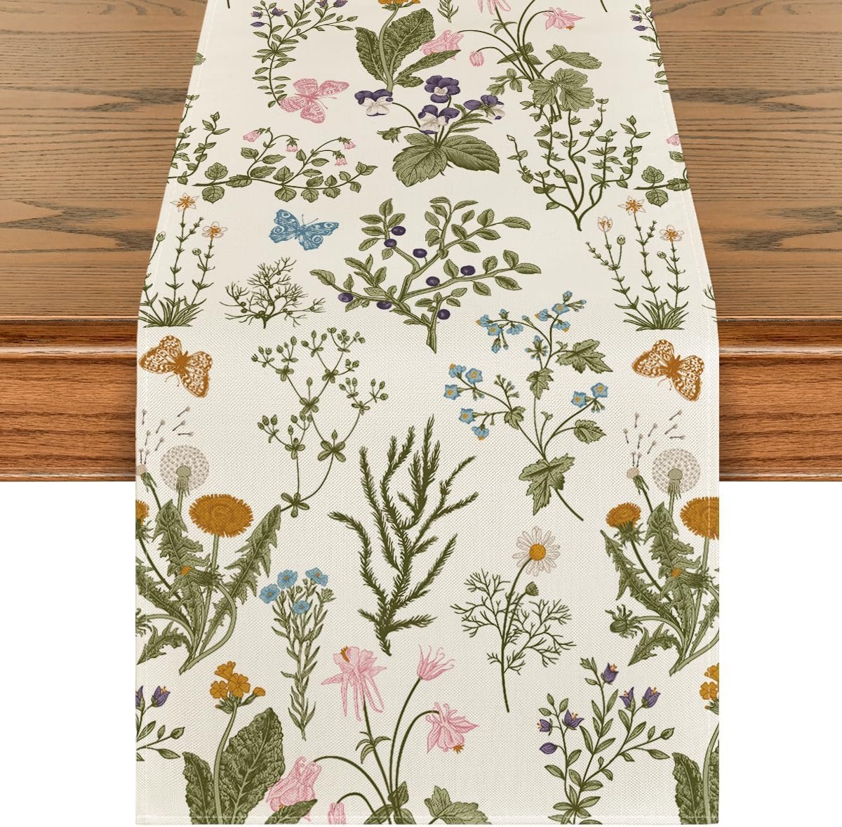 Artoid Mode Wildflowers Floral Spring Table Runner, Seasonal Summer Butterfly Kitchen Dining Table Decoration for Home Party 13×72 Inch