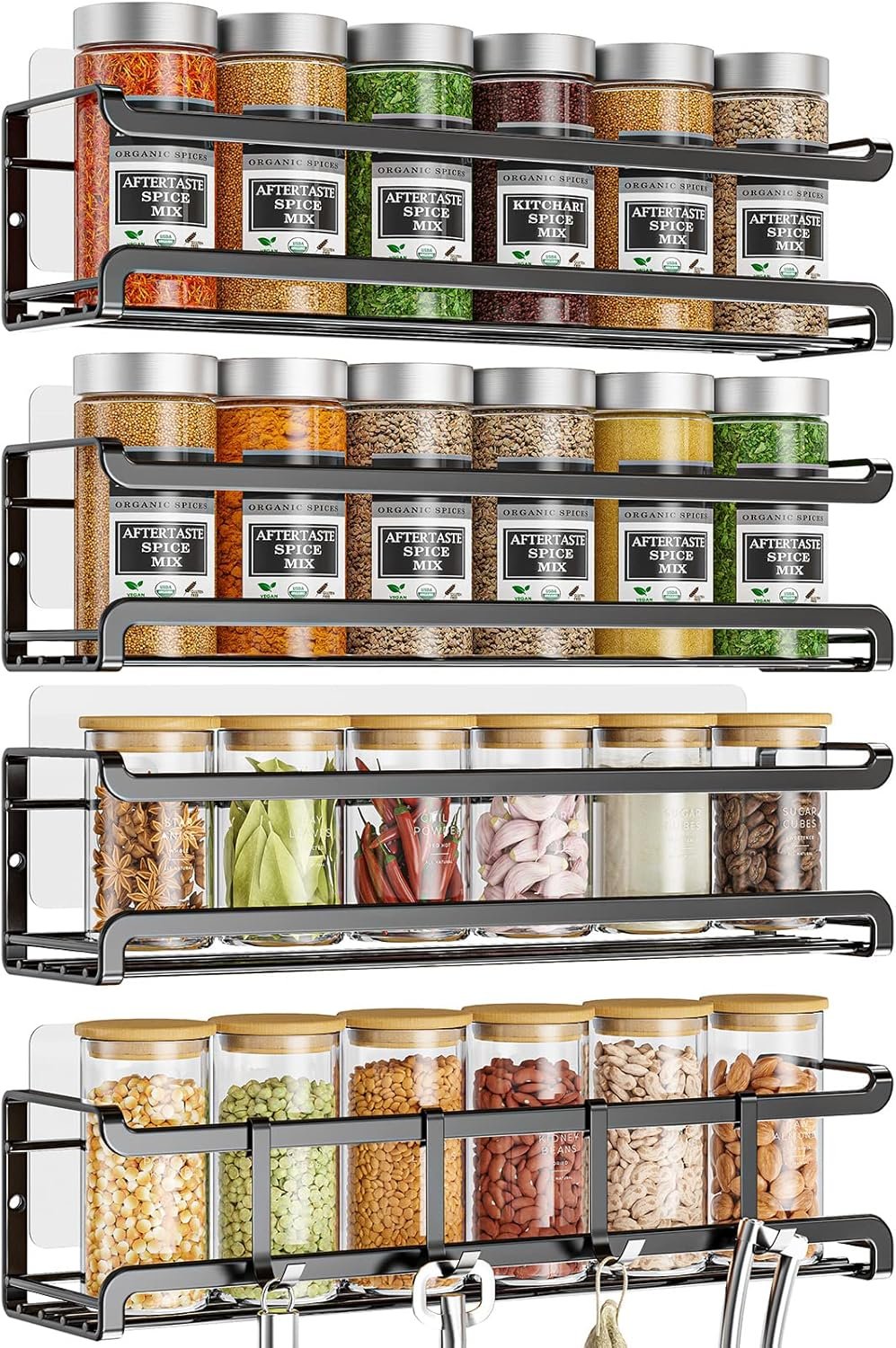 Bunoxea Spice Rack Wall Mounted 4 Pack,Space-Saving Spice Organizer for Spice Jars and Seasonings,Screw or Adhesive Hanging Spice Rack Organizer for Your Kitchen Cabinet,Pantry Door,11.41×2.75×2.75in