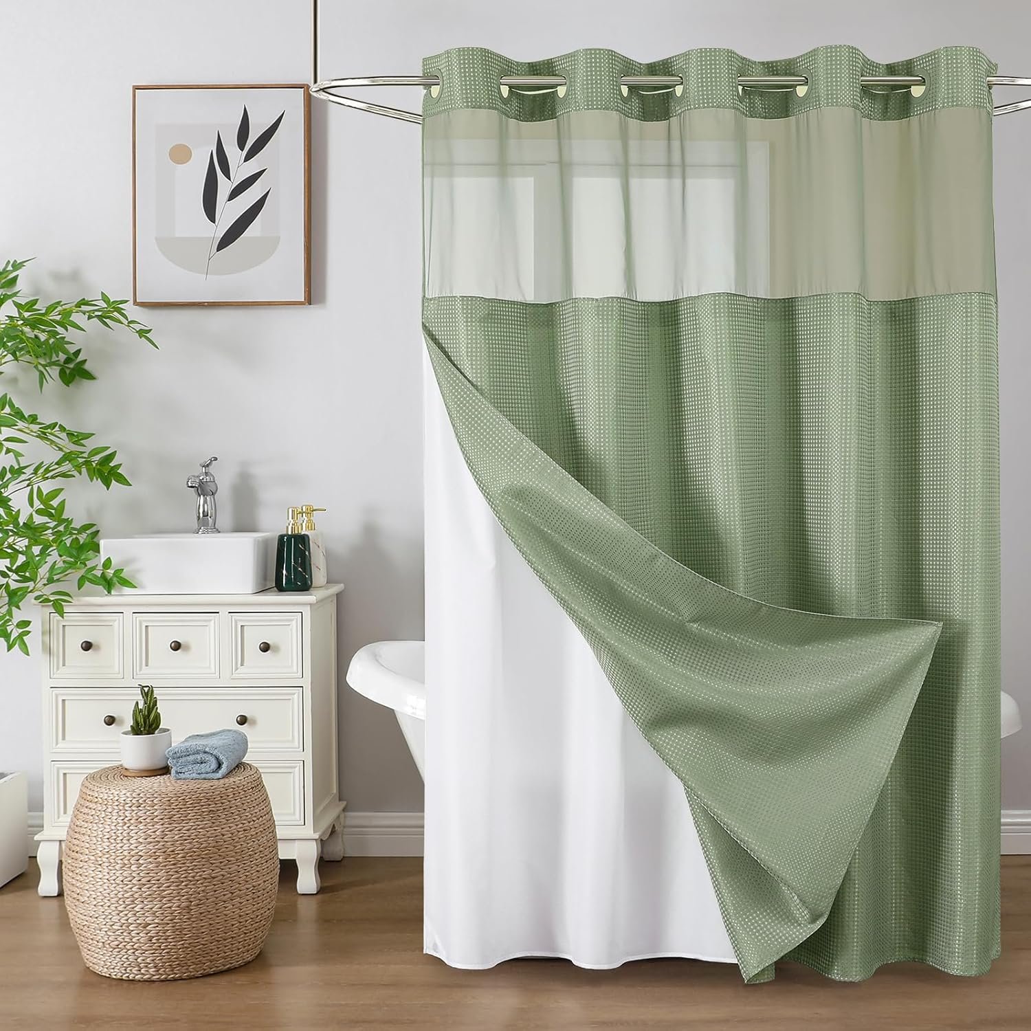 Colorful Star No Hook Shower Curtain with Snap in Fabric Liner, Waffle Weave Heavy Duty Thick Shower Curtains with Mesh Top Window, Hotel Style Waterproof Bathroom Curtain Set, 72” x 75”, Sage Green