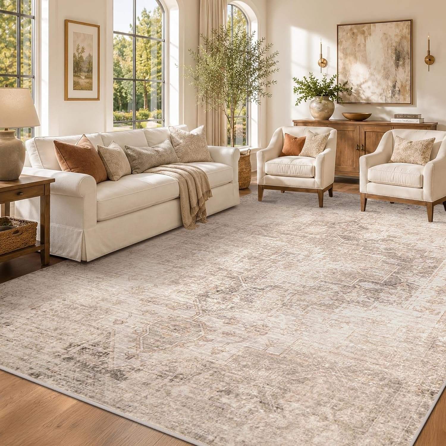 Hazo Haus Farmhouse Area Rugs for Living Room, 8×10 Washable Abstract Rug for Bedroom, Dining Room Under Table and Home Office, Ultra-Soft Low Pile Design, Stain Resistant (Beige/Brown/Peach)