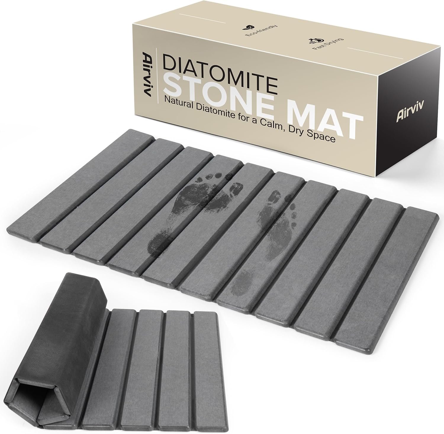 Foldable Stone Bath Mat | 23.6″ x 15.4″ Diatomaceous Earth Bath Mat with Anti-Slip Rubber Backing | Absorbent Bathroom Mat | Non Slip & Fast Drying Diatomite Stone Mat for Bathroom | Dark Grey