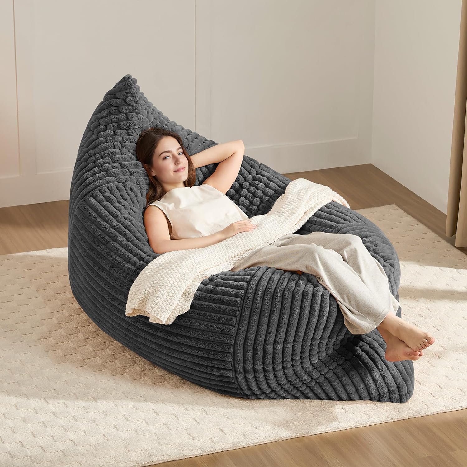 3-in-1 Giant Bean Bag Chair for Adults & Kids, Convertible Floor Sofa to Mattress, Memory Foam Beanbag Chair with Washable Cover, Multi Functional Lounge Couch for Bedroom, Living Room (Dark Grey)