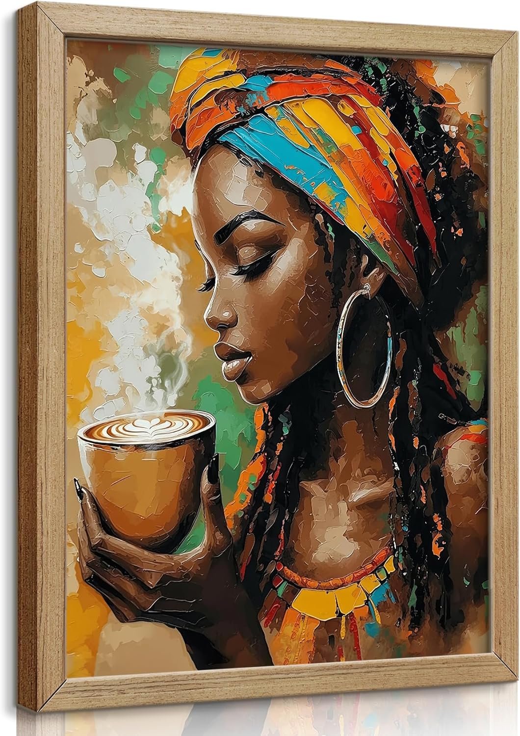 African American Woman Coffee Framed Wall Art, 8×10 Inch Colorful Headwrap Black Woman Drinking Coffee Canvas Print, Ready to Hang Decor for Kitchen Living Room Bedroom
