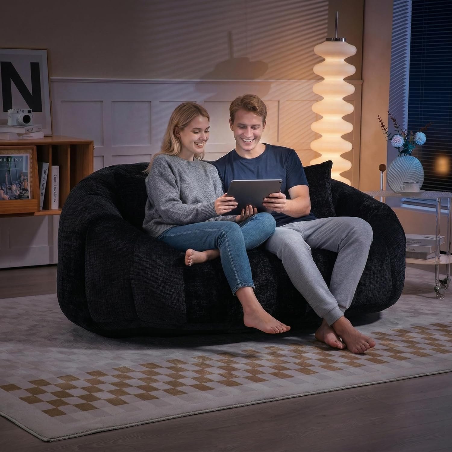 Giant Bean Bag Chair, Chenille Bean Bag Chair for Adults and Kids, Oversized Bean Bag Couch Lazy Floor Sofa with Pillows for Living Room, Bedroom, Dorm, No Assembly Needed (Black)