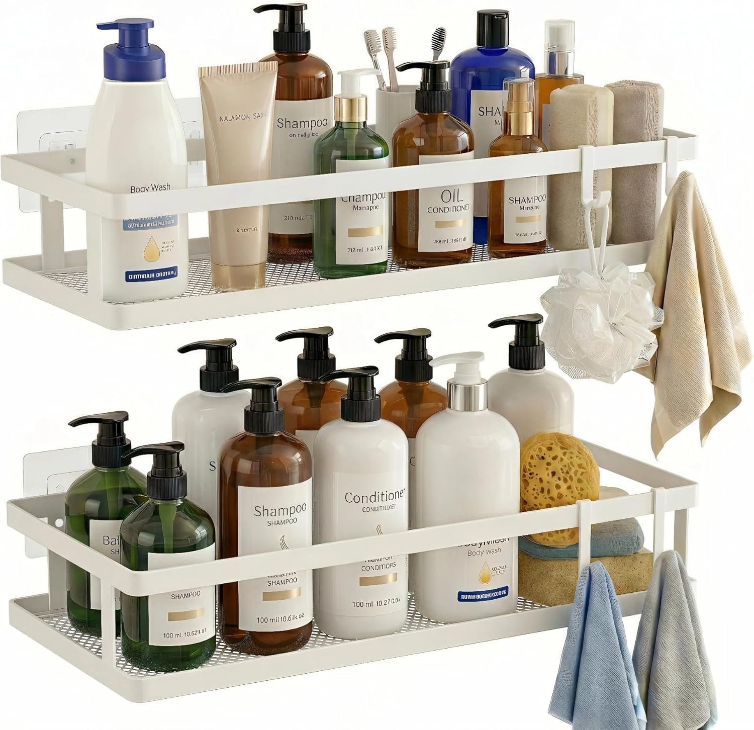 PUSDON 2-Pack Minimalist Shower Caddy Wall Mount, Open Frame Bathroom Shelf Organizer with Mesh Base, Rustproof Floating Spice Rack for Kitchen, Holds 50 LBS, 4 Hooks – White, Guardrail