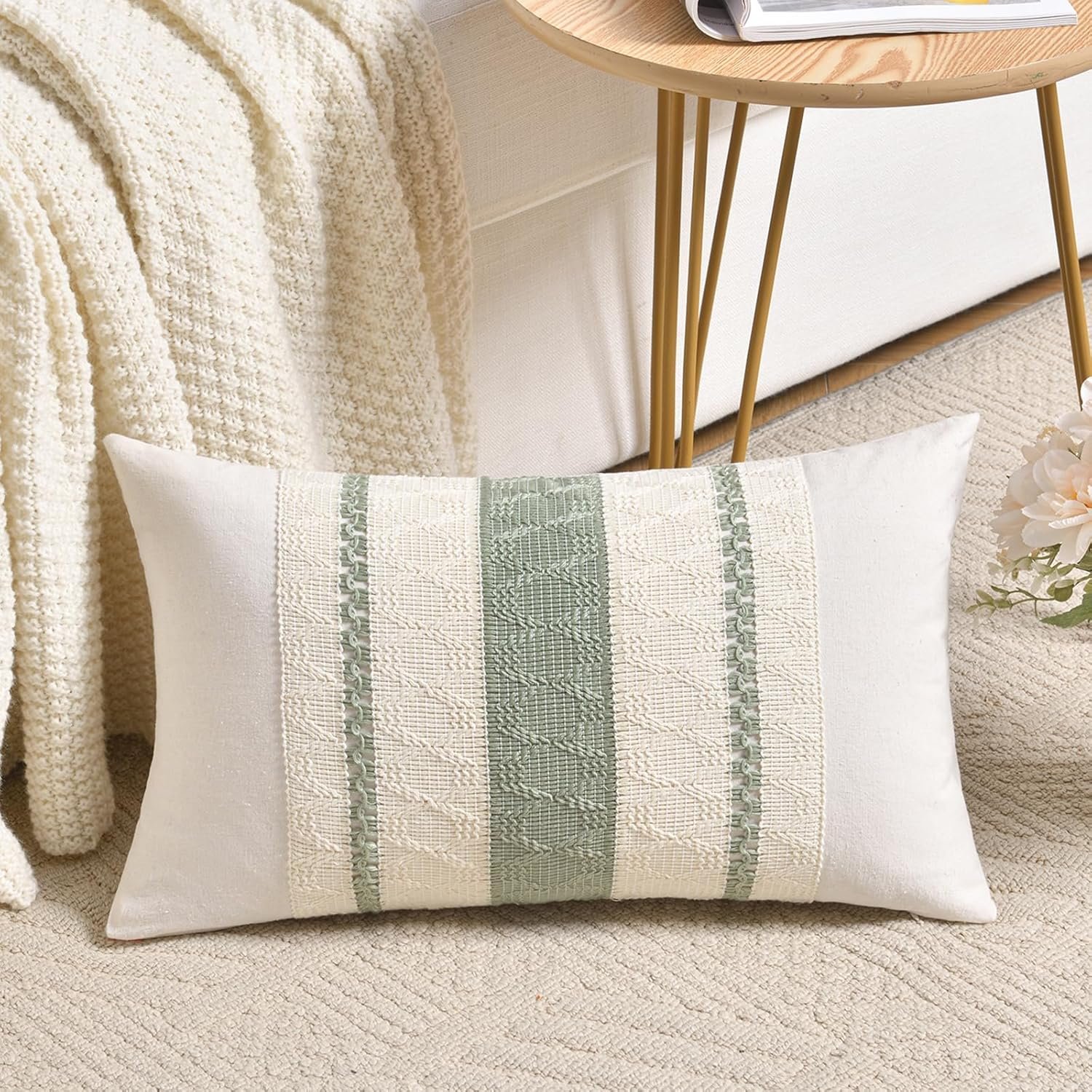 Fancy Homi Set of 1 Sage Green Boho Lumbar Decorative Throw Pillow Covers 12×20 Inch for Living Room Bedroom Couch Bed Chair, Rustic Retro Cushion Case, Bohemian Room Home Decor