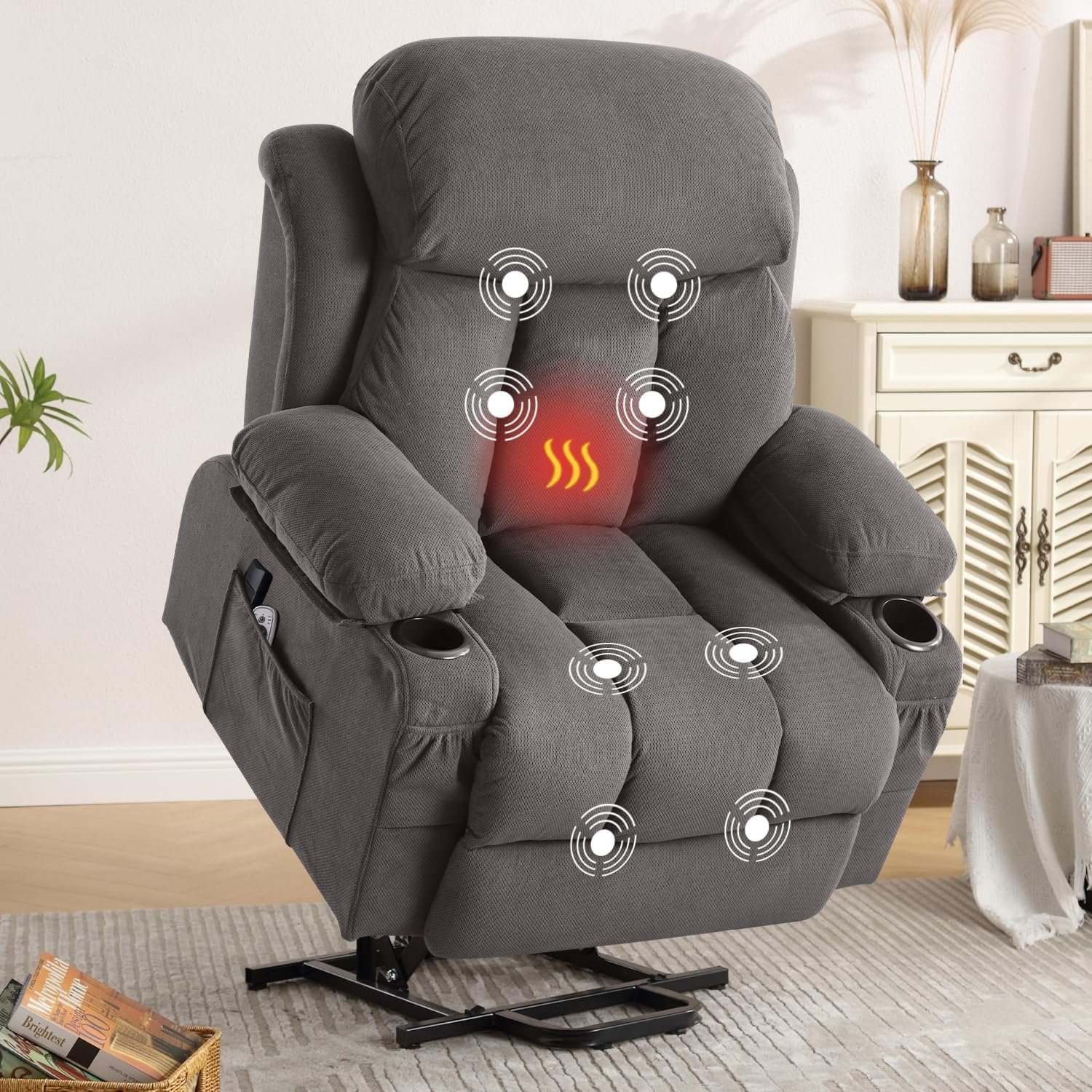 BOSMILLER Power Lift Recliner Chair for Elderly with Vibration Massage and Lumbar Heating Electric Oversized Single Sofa with Cup Holder and USB Charge Port for Living Room
