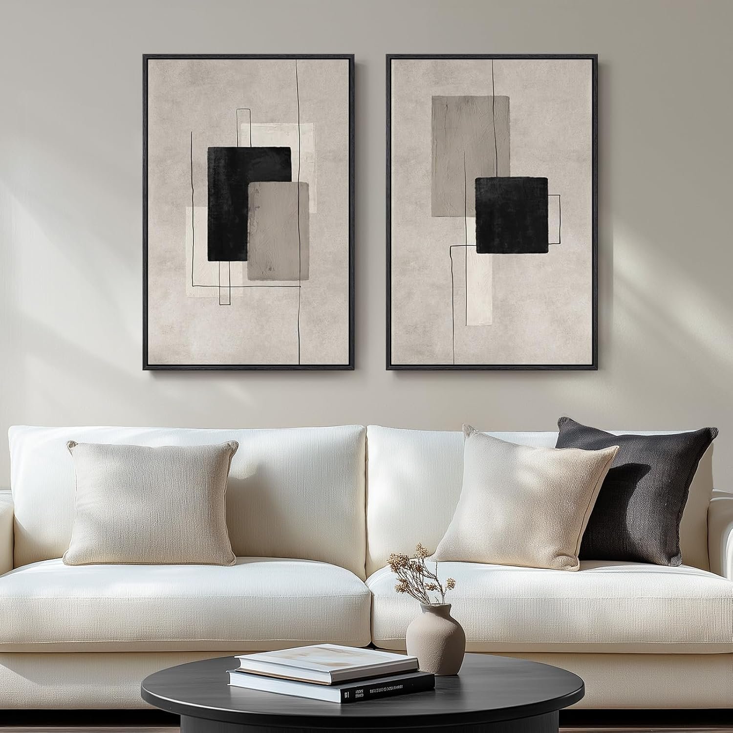 Large Framed Neutral Abstract Wall Art for Living Room, Set of 2 Black and Beige Modern Canvas Prints Paintings Artwork for Walls, Minimalist Block Lines Pictures for Hallway Office Wall Decor 24×36 In