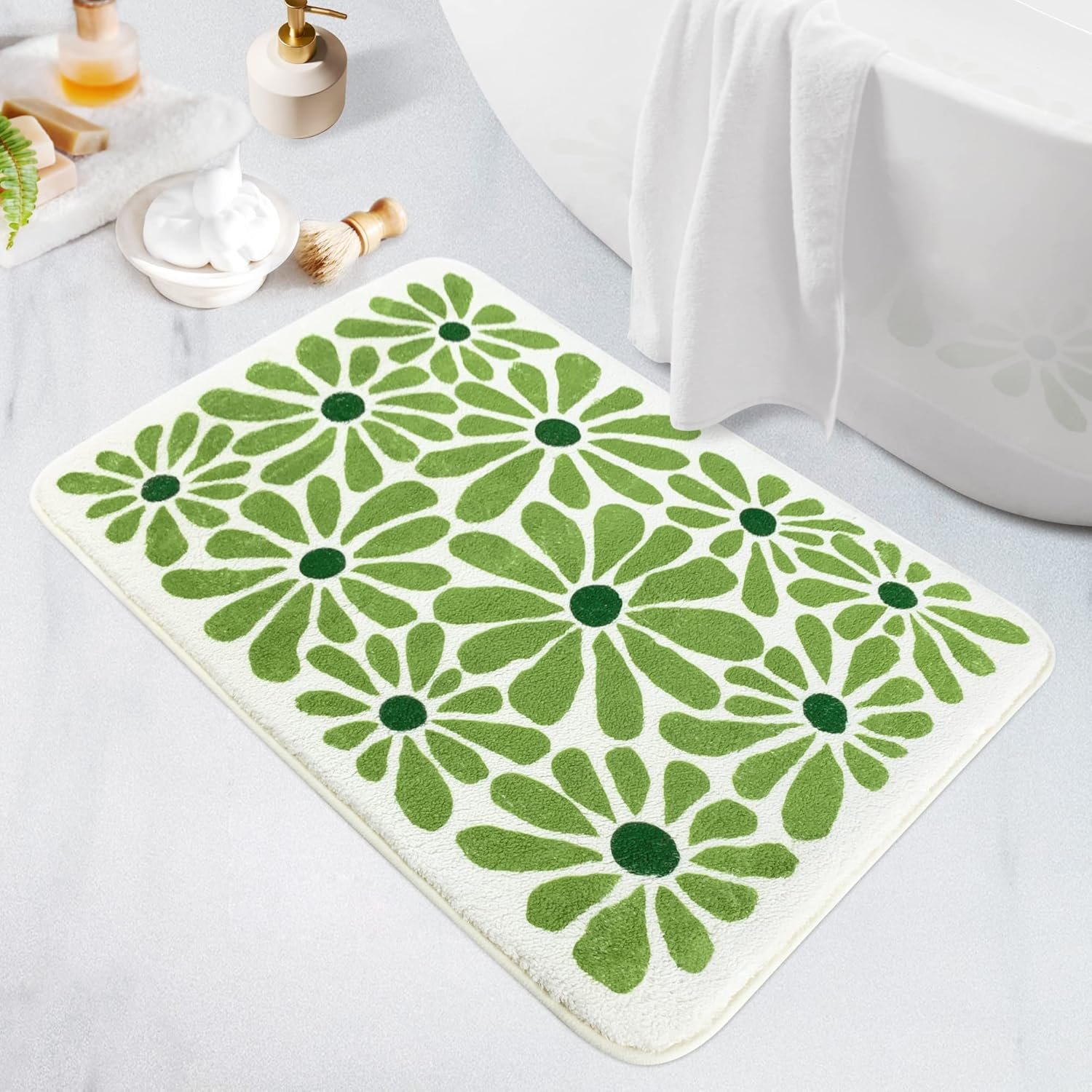 SHIYUE Green Bathroom Rugs Bath Mat, Microfiber Fluffy Soft Floor Mats for Bathroom, Non-Slip and Waterproof Back Soft Bathmat, for Indoor Shower Bathtub Decoration (Cute Floral 18x26in)