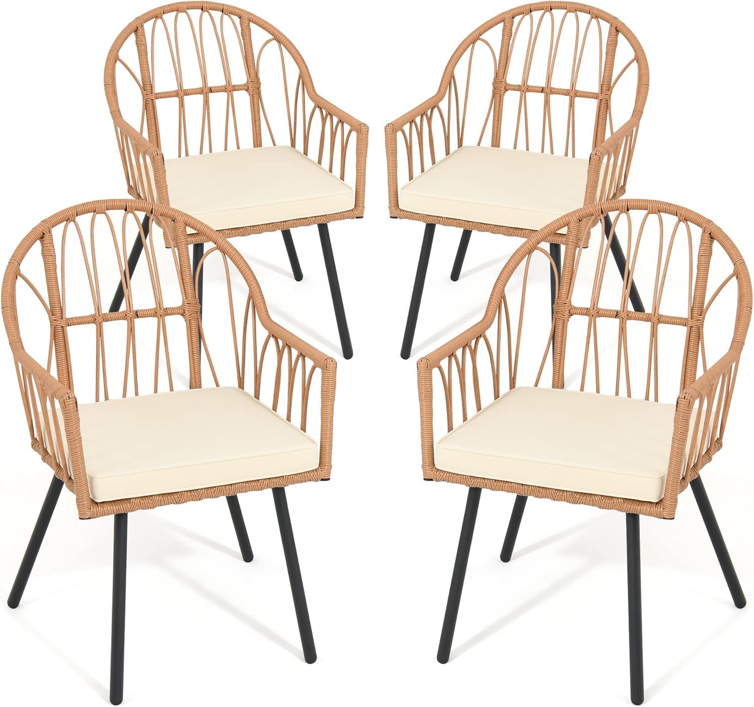 YITAHOME 4 Pieces Rattan Wicker Dinning Chairs, Outdoor Indoor Patio Furniture Set with Cushion and Curved Back All Weather Bistro Chair for Garden Backyard Porch Poolside Restaurant (Beige)