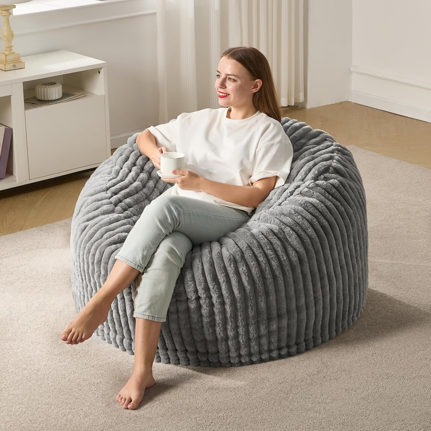 Hobestluk 3ft Bean Bag Chairs for Adults Large Beanbag Chair with Stripe Plush Cover Big Bean Bag Chair for Living Room Bedroom Dorm Office – Grey (36” x 36” x 22”)