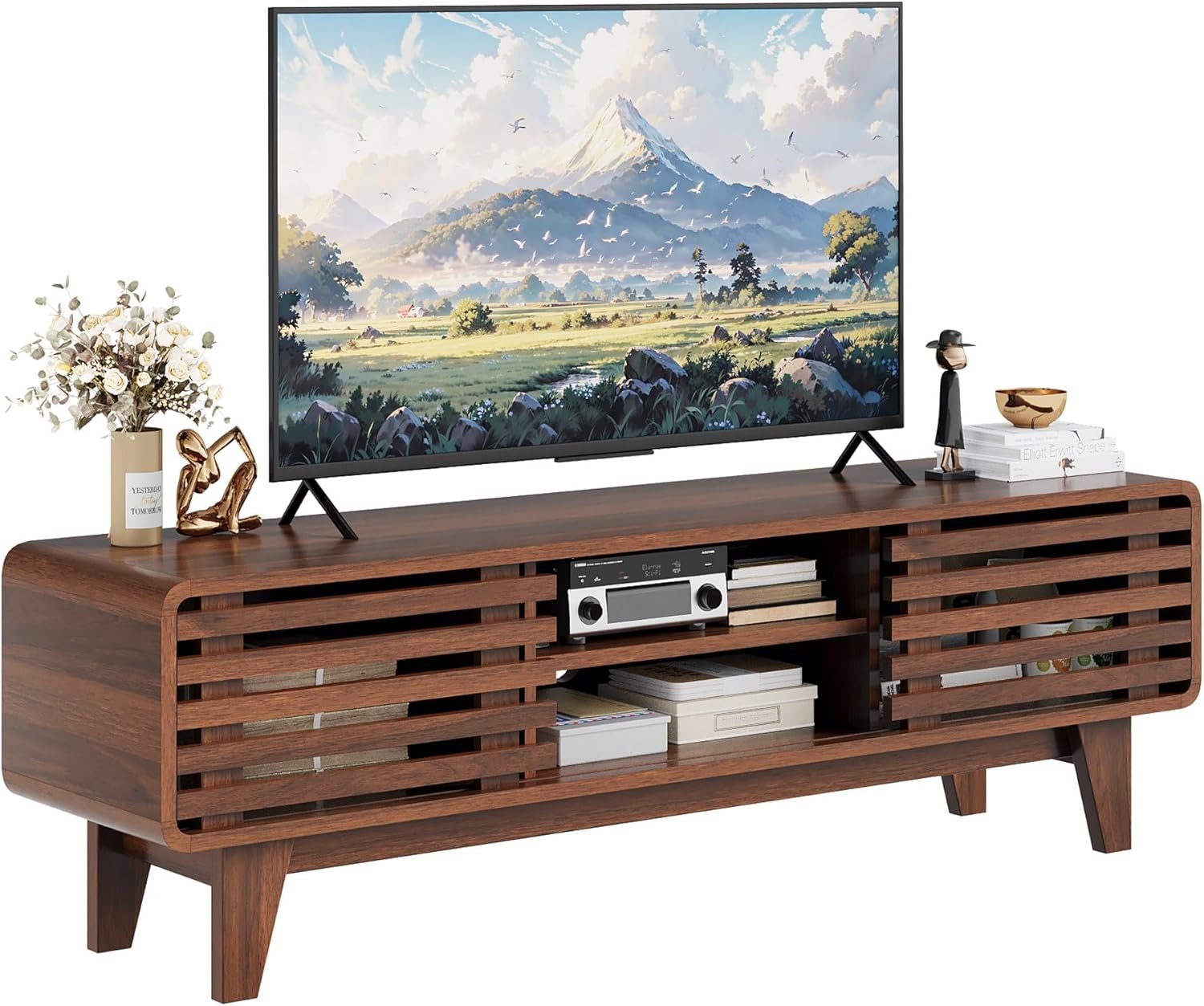 Luoxiao 55″ Mid Century Modern TV Stand for 55 60 65 Inch TV, Walnut Media Console with Slatted Sliding Doors, Retro Wood Entertainment Center with Storage Shelves for Living Room, Bedroom