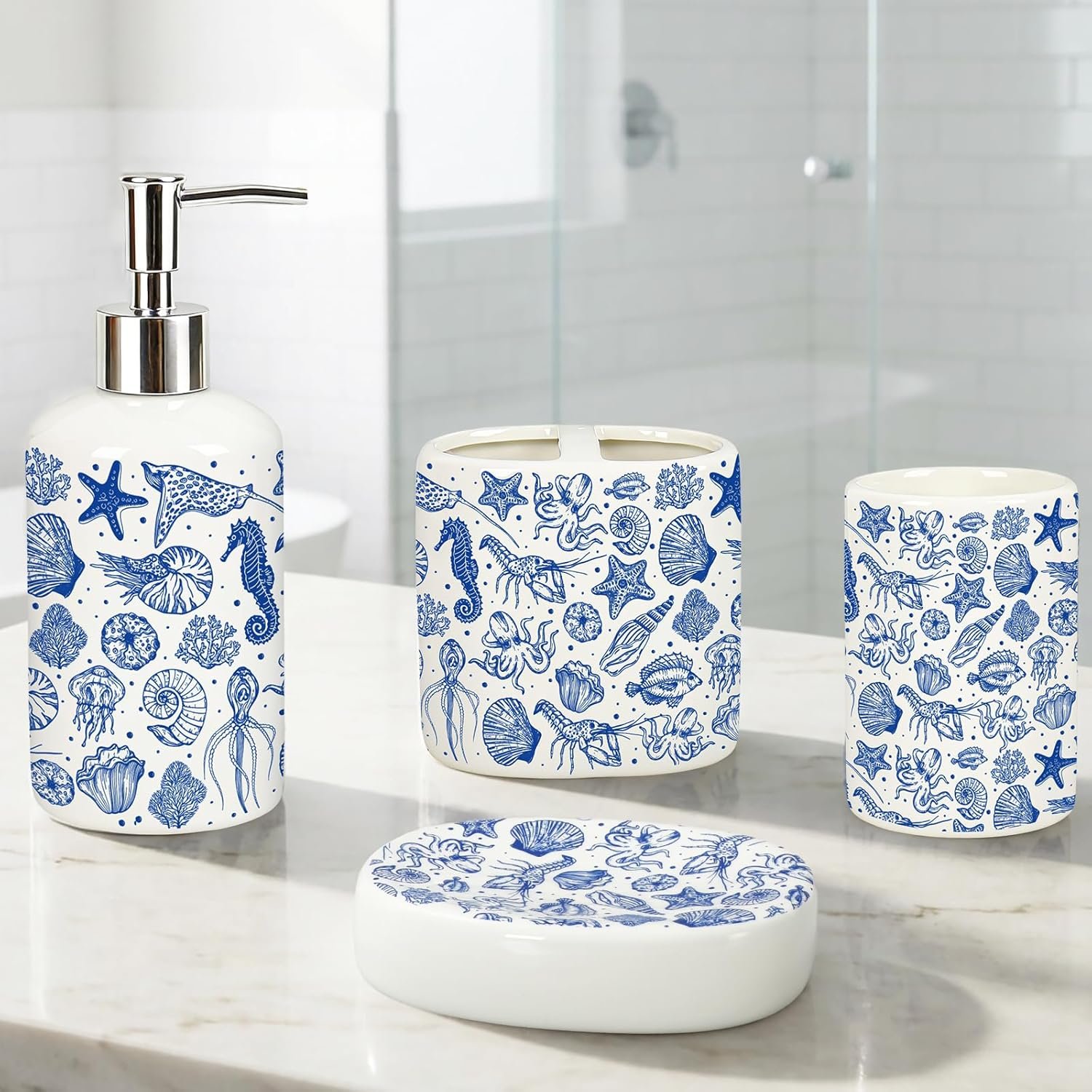 JarThenaAMCS 4Pcs Blue Ocean Bathroom Accessories Seashell Starfish Coral Ceramic Liquid Dispenser Toothbrush Holder Tumbler Soap Dish for Summer Beach Home Party Favors Supplies
