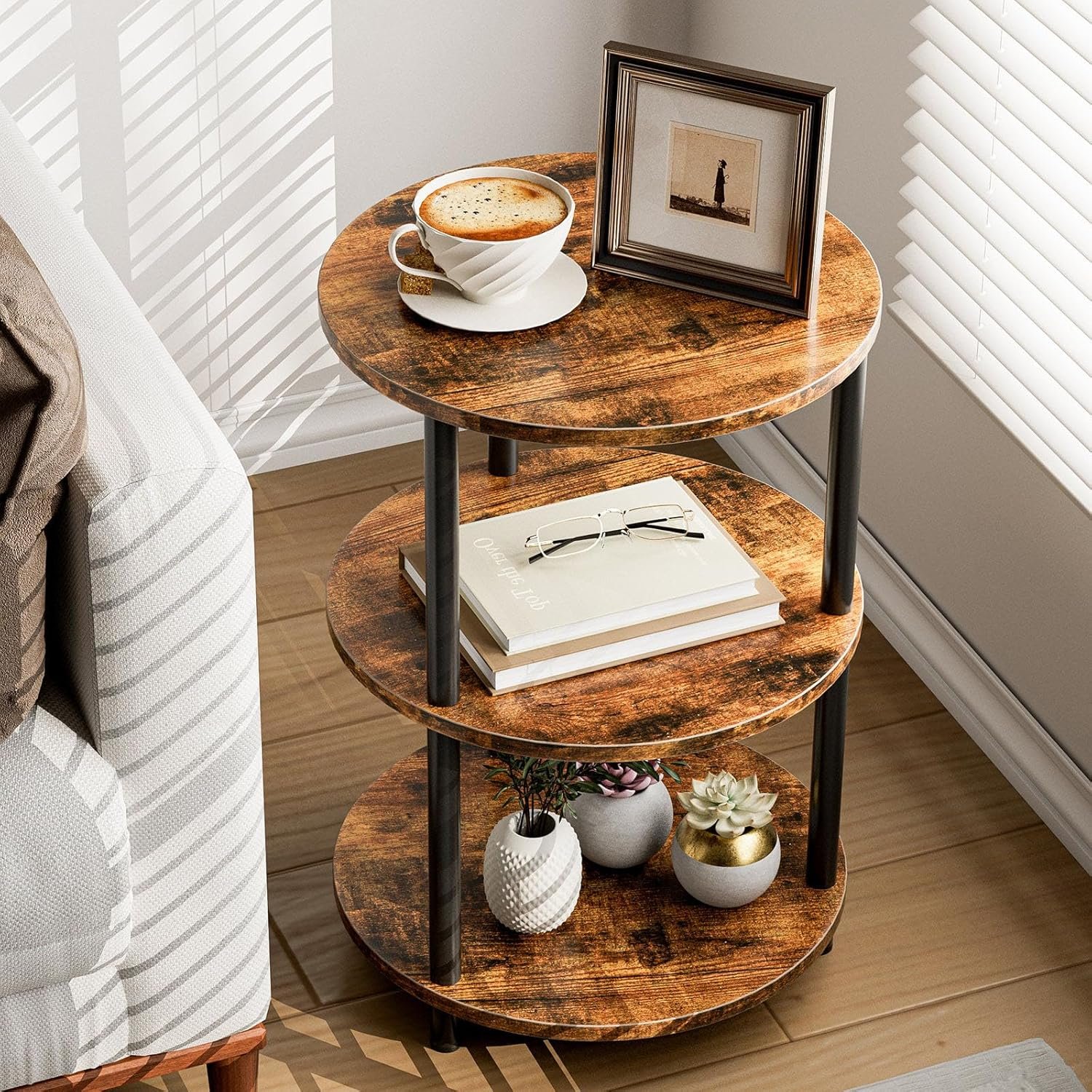 XBurmo Small Round Coffee Table – 3 Tier Design Accent Table, Narrow Side or Bedside Stand, Industrial Vintage Nightstand for Bedroom, Living Room, or Small Spaces, Rustic Brown