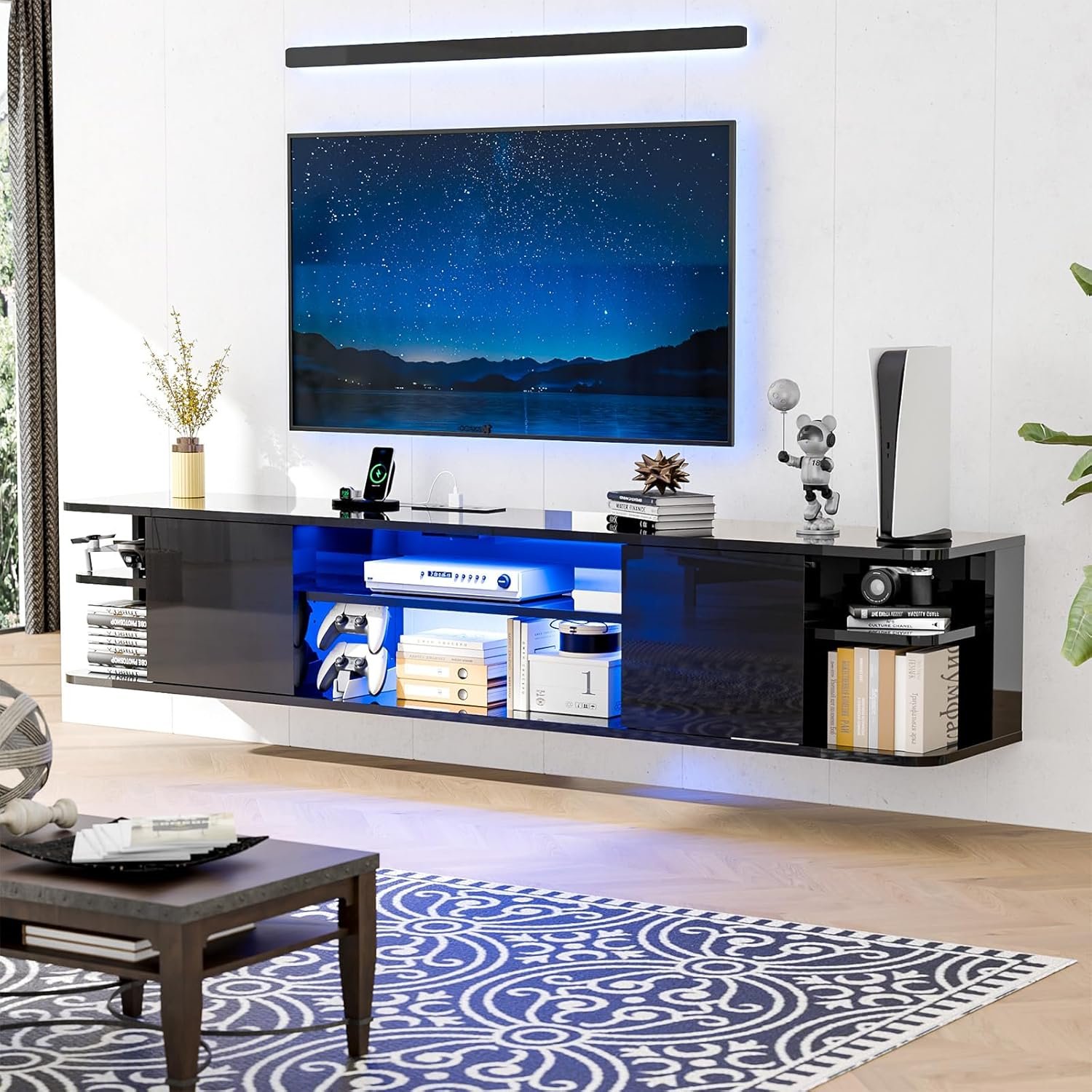 VINGLI 63″ Black Floating TV Stand with LED Lights & Power Outlet, Wall Mounted Floating Entertainment Center with Storage Shelves, Modern High Gloss TV Console for Living Room