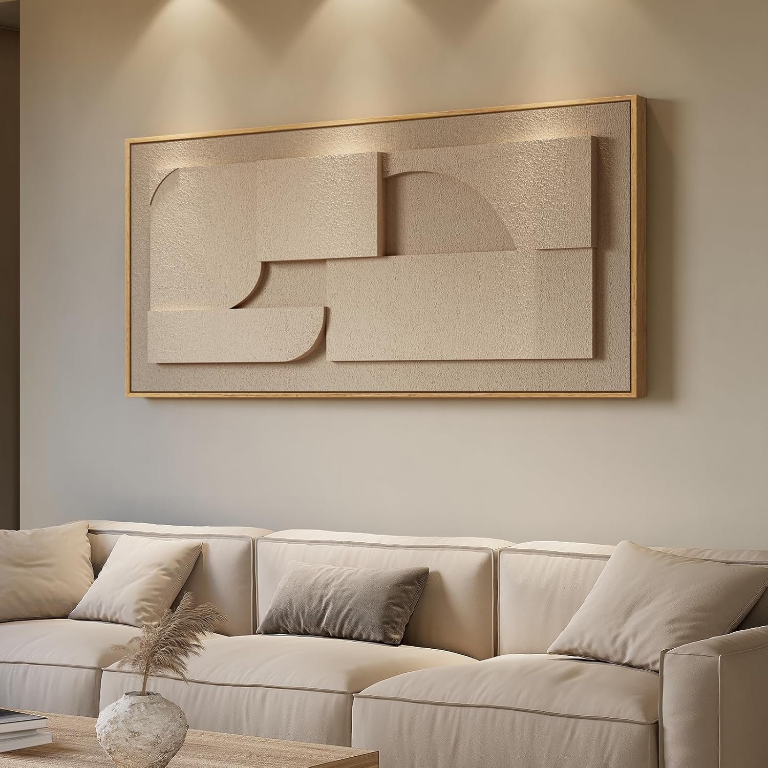 Large Framed 3D Neutral Abstract Wall Art for Living Room, Horizontal Modern Textured Paintings Artwork for Walls, Beige Geometric Pictures Wall Decor for Bedroom Dining Room Home Office, 60×30 In