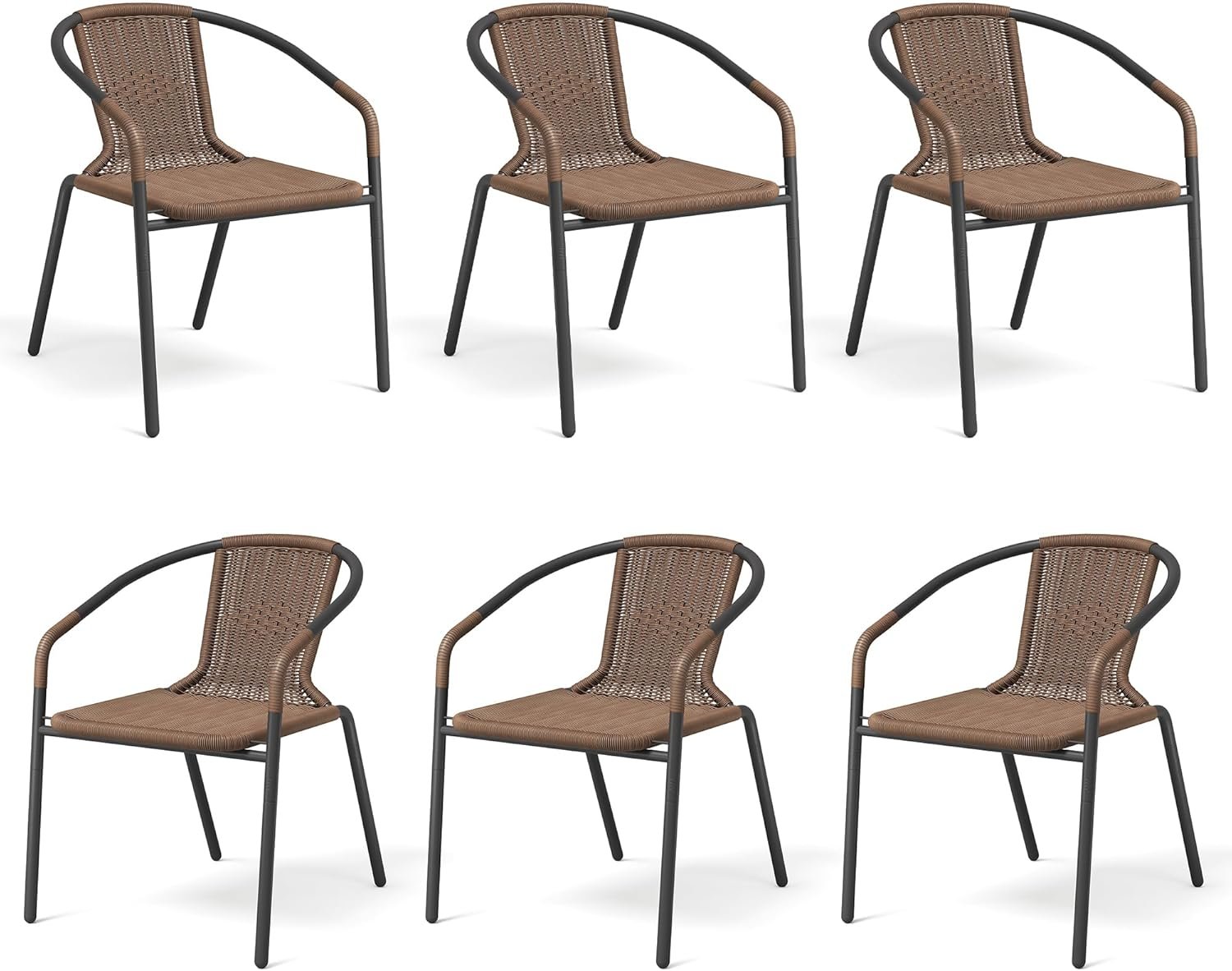 UDPATIO Rattan Outdoor Dining Chairs Set of 6, Wicker Stackable Patio Chairs with All Weather Curved Back & Metal Frame, for Indoor Deck, Brown