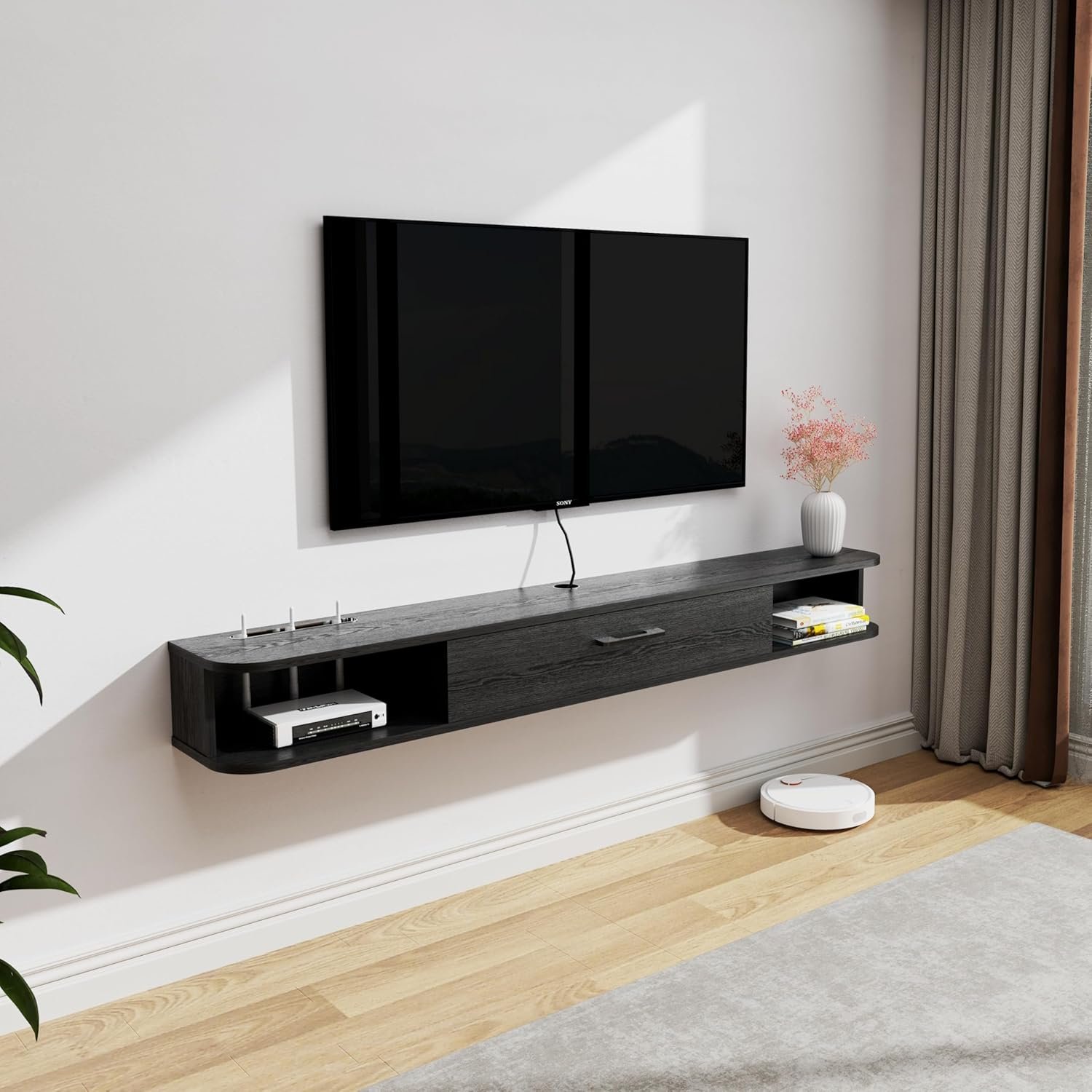 Floating TV Unit, 47” Wall Mounted TV Cabinet, Floating Shelves with Door, Modern Entertainment Media Console Center Large Storage TV Bench for Living Room & Office (47.24IN, Black)