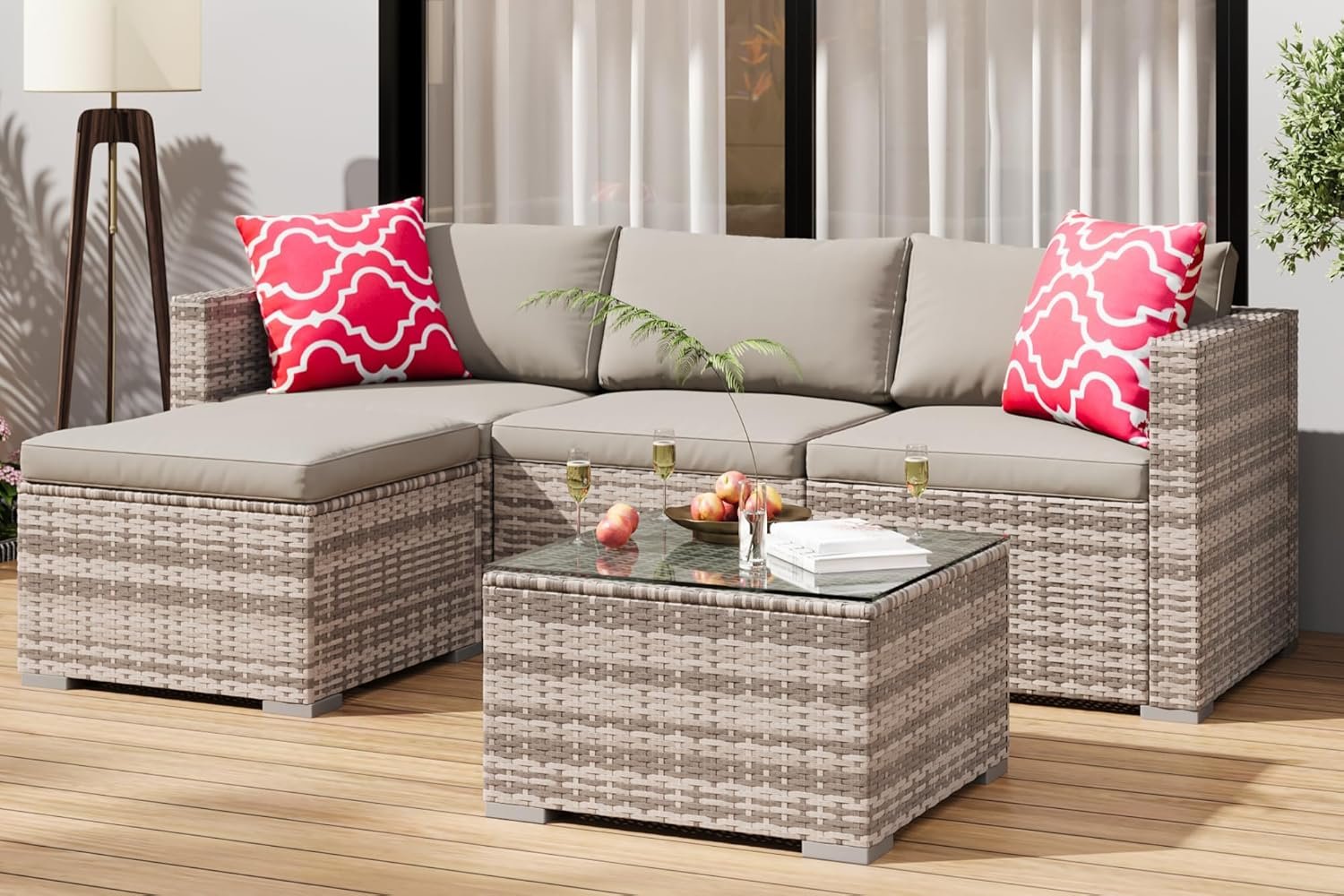 GarveeLife 5 Pieces Patio Furniture Set, Outdoor Sectional Sofa, All-Weather Wicker Conversation Set with Ottoman & Glass Coffee Table, Modern Rattan Couch Seating for Garden, Backyard, Poolside, Grey