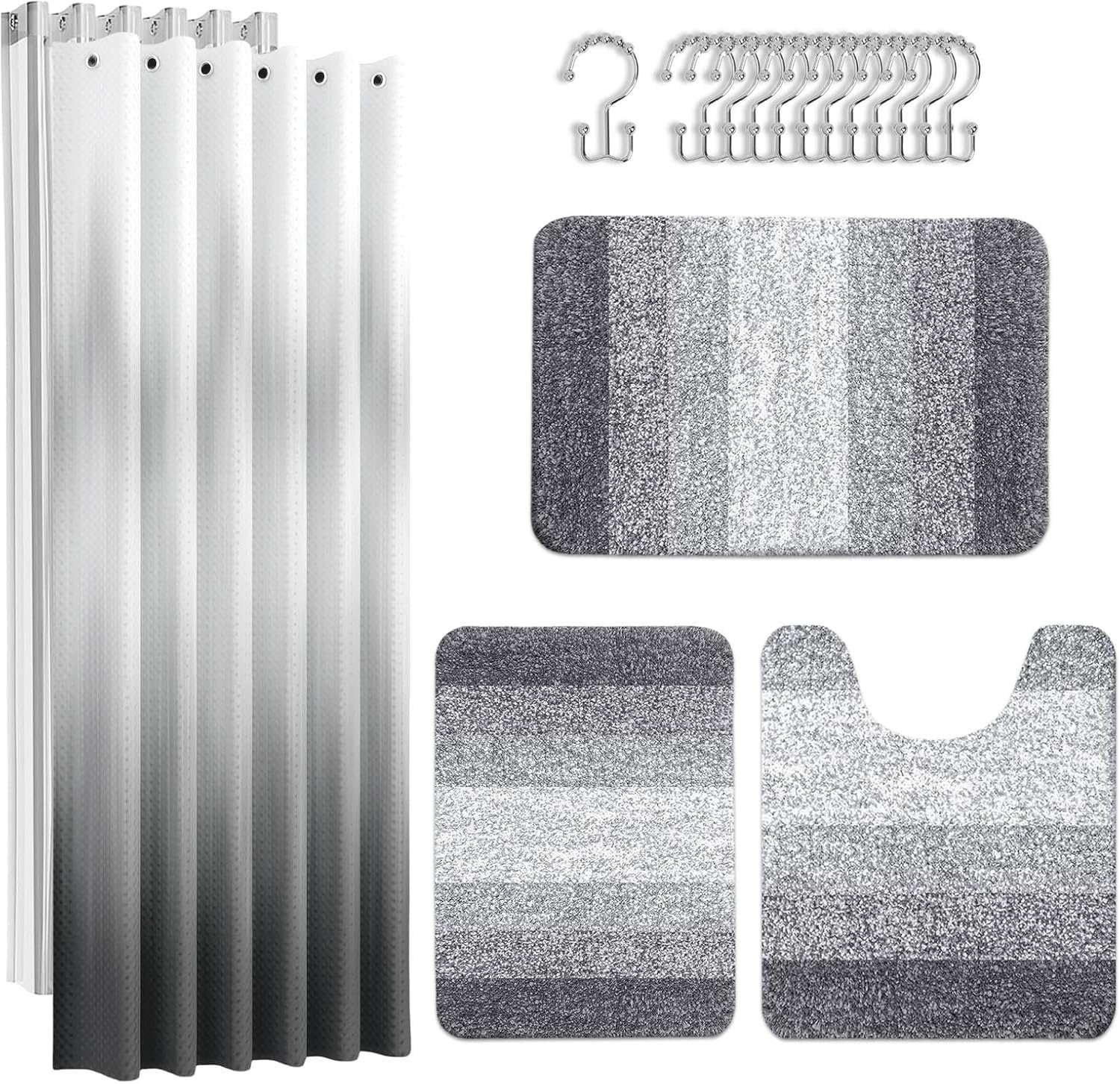 Britimes Grey Stripes Bathroom Sets with Shower Curtain and Rugs, Ombre Modern Abstract Vintage Waterproof Shower Curtain Liner and Soft Non Slip Bath Mat for Bathroom Decor and Accessories Hooks