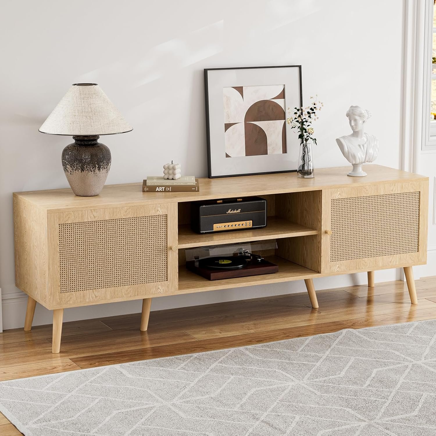 ZttRiee TV Stand for TVs up to 65”, Entertainment Center With Rattan Door, Shelves & 2 Cabinets, Long Boho Media Console for Living Room, Natural