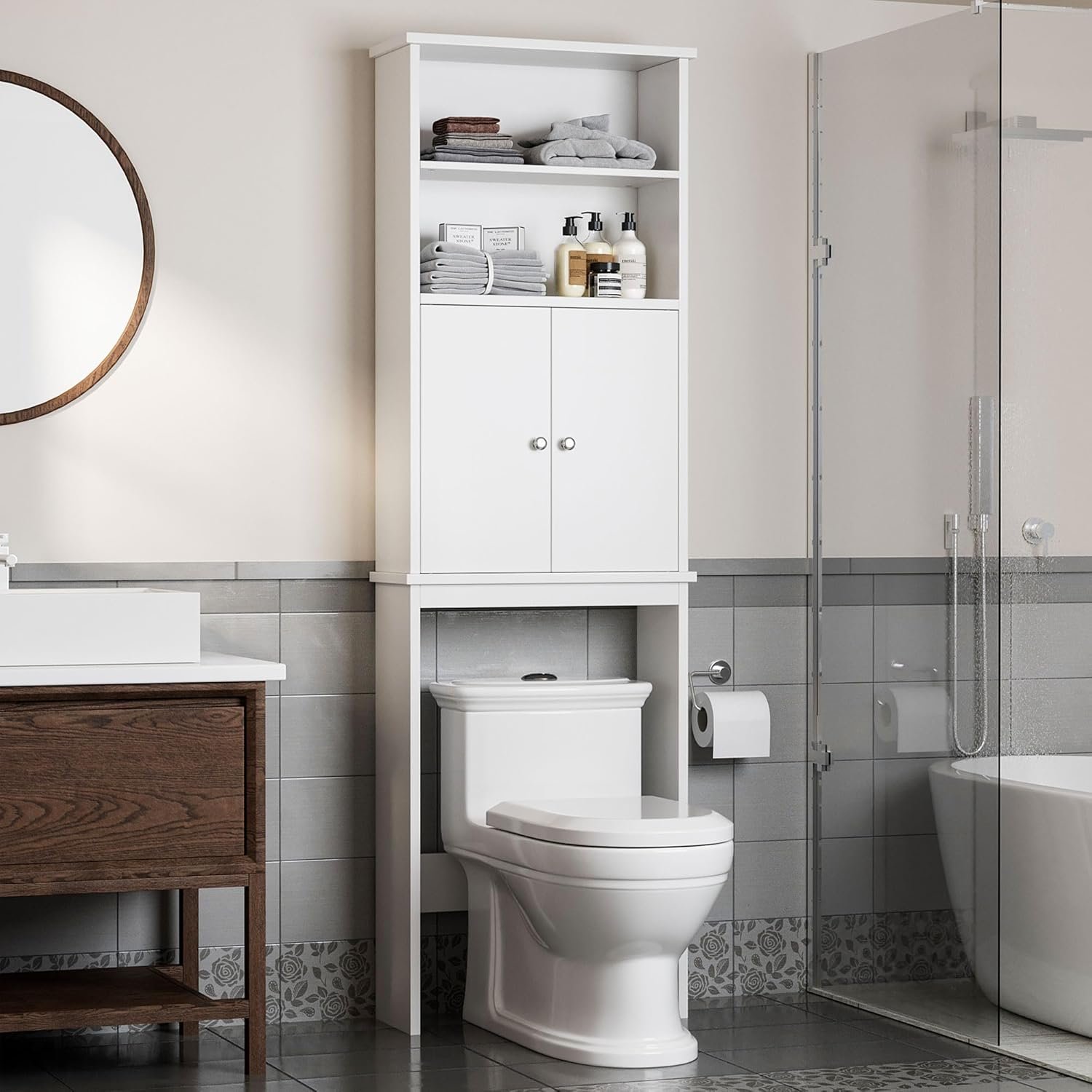 Shintenchi Over the Toilet Storage Cabinet, Bathroom Above the Toilet Rack, Bathroom Adjustable Shelf Organizer with Open Bottom Bar and Anti-Tip Device, White